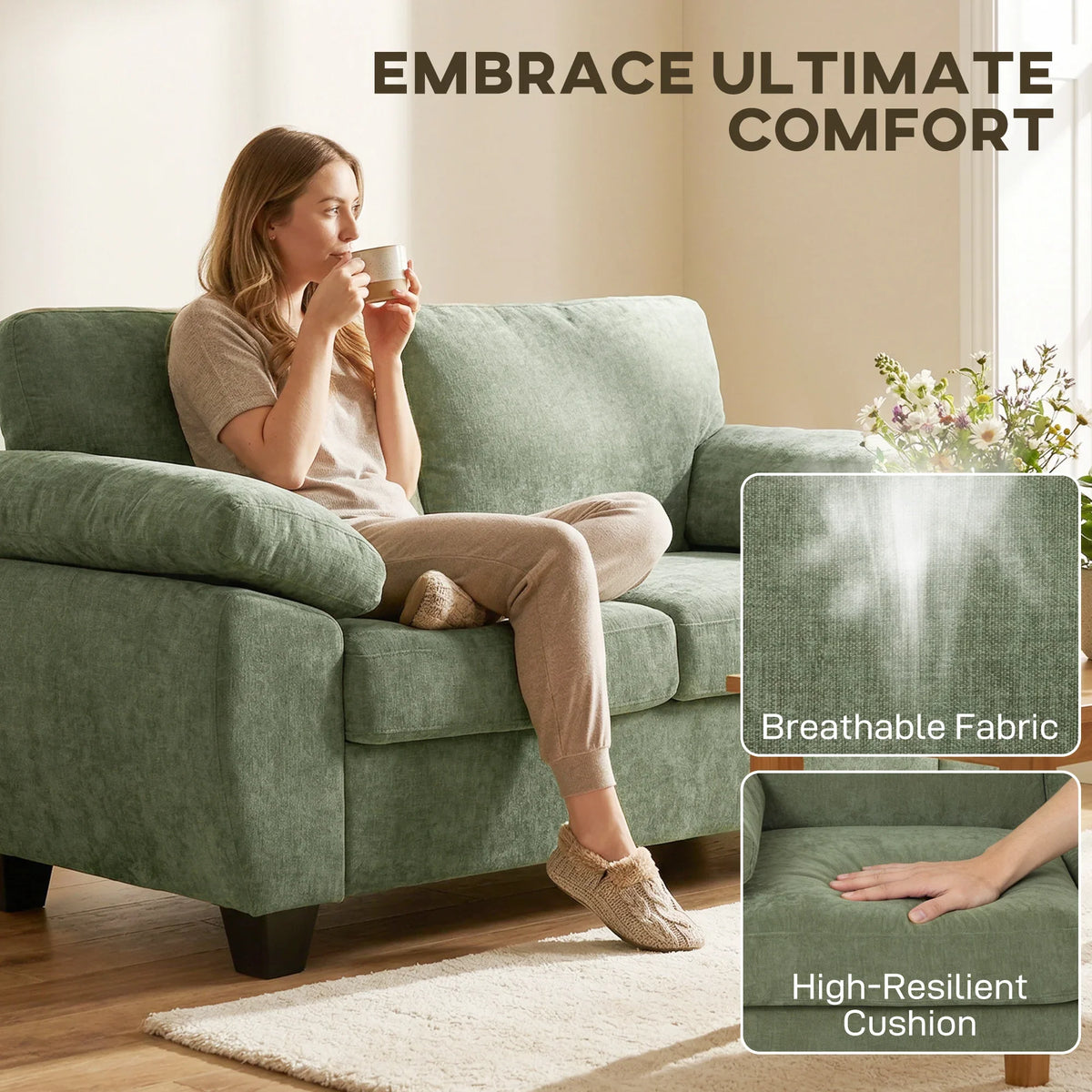 Dark green chenille loveseat sofa with broad backrest and high-resilient seat cushion