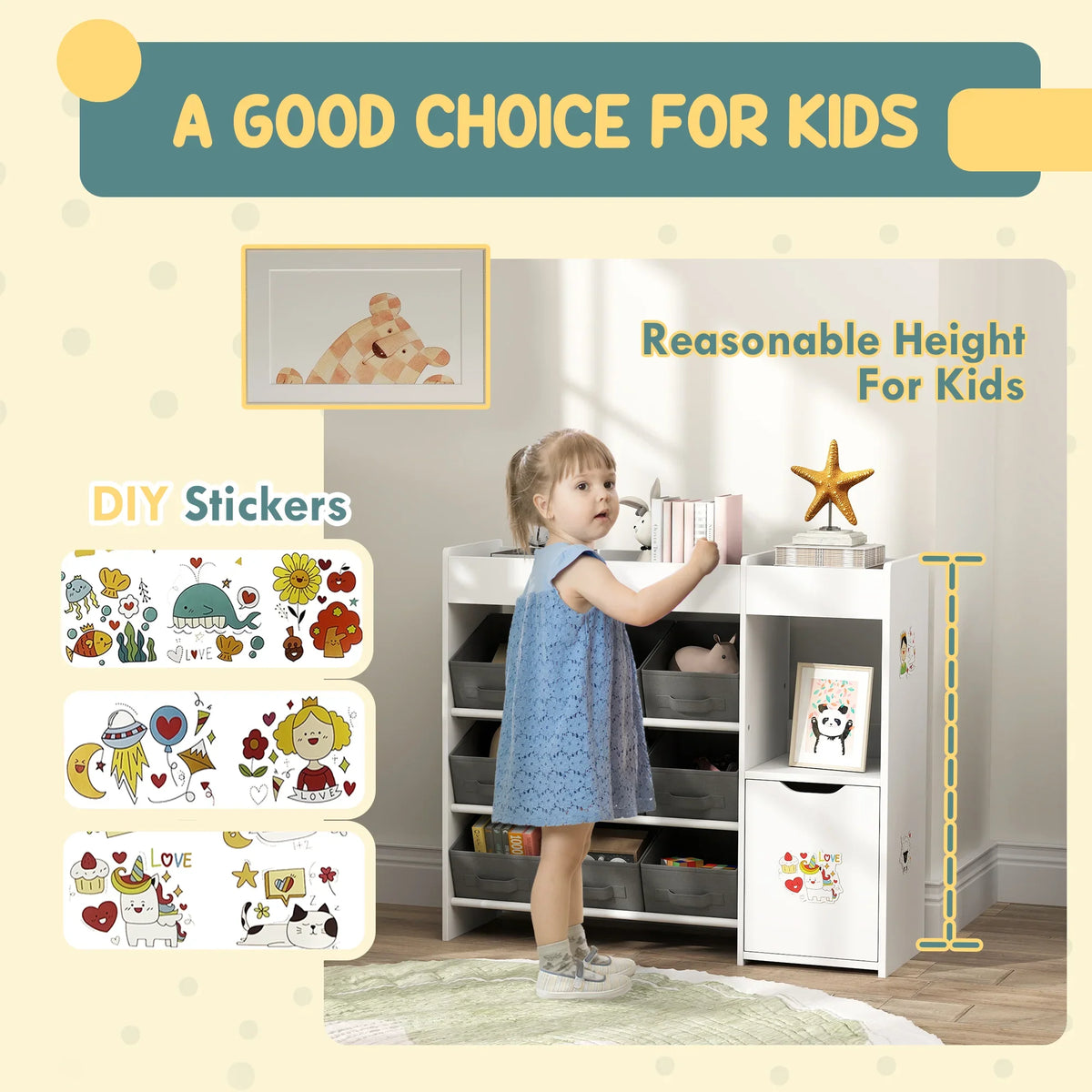 White kids toy storage organizer with kid-friendly height design and DIY sticker panels