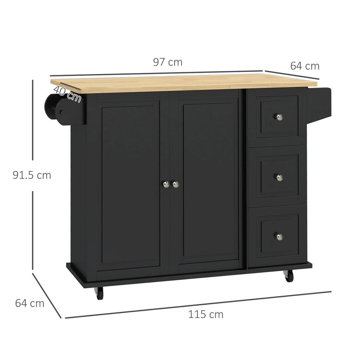 Black kitchen island cabinet with front doors, drawers, and overall size dimensions
