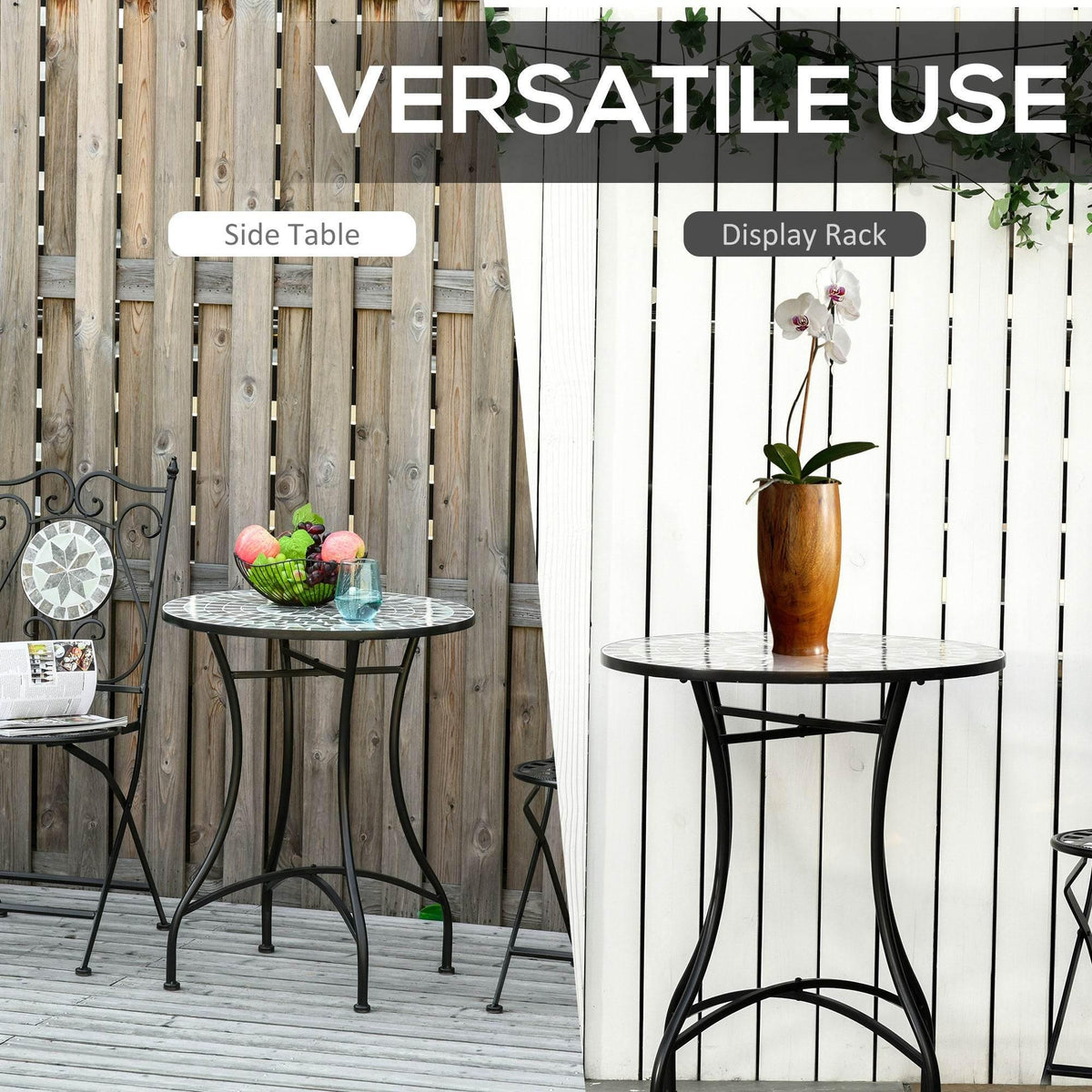 Round bistro table with grey mosaic top and black metal stand, outdoor use
