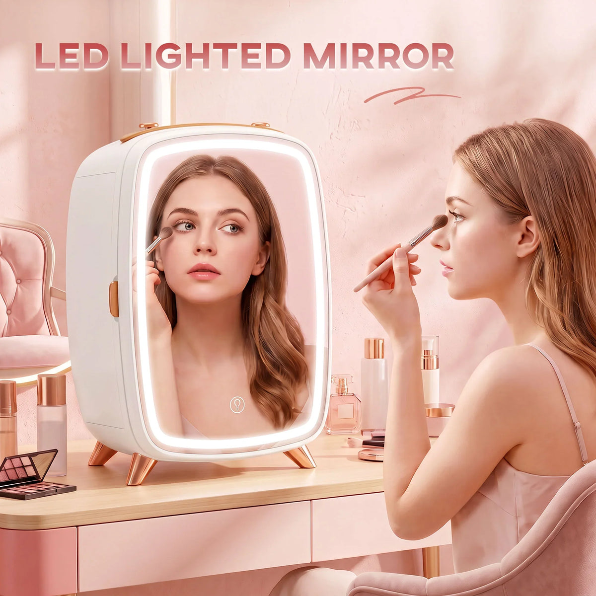 White skincare refrigerator with LED-lit mirror door, makeup artist applying product at vanity