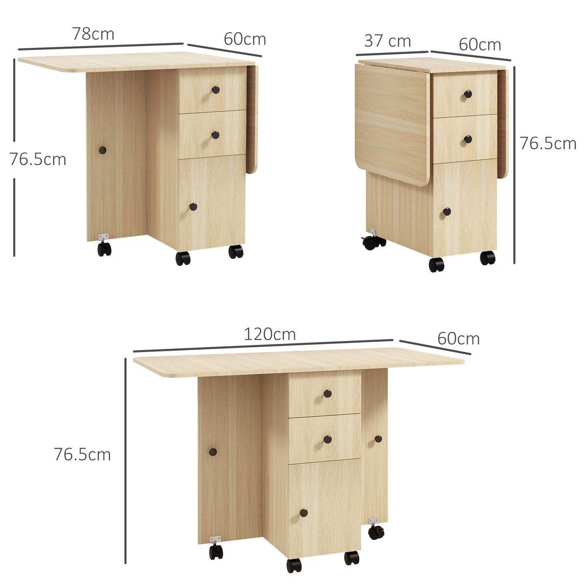 Light wood effect drop-leaf dining table with cabinet storage and caster wheels