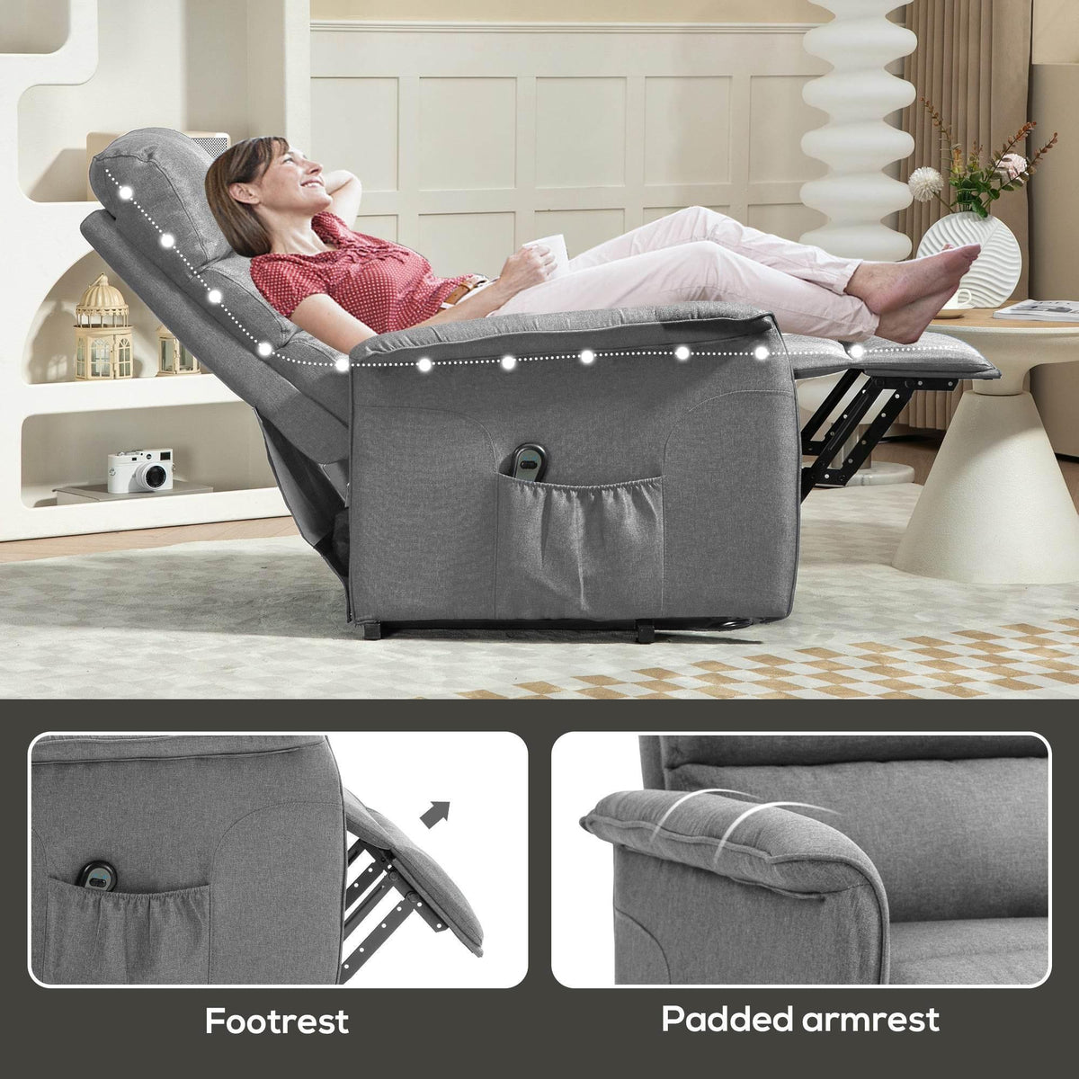 Gray fabric lift recliner with footrest extended and padded armrests, person reclined.