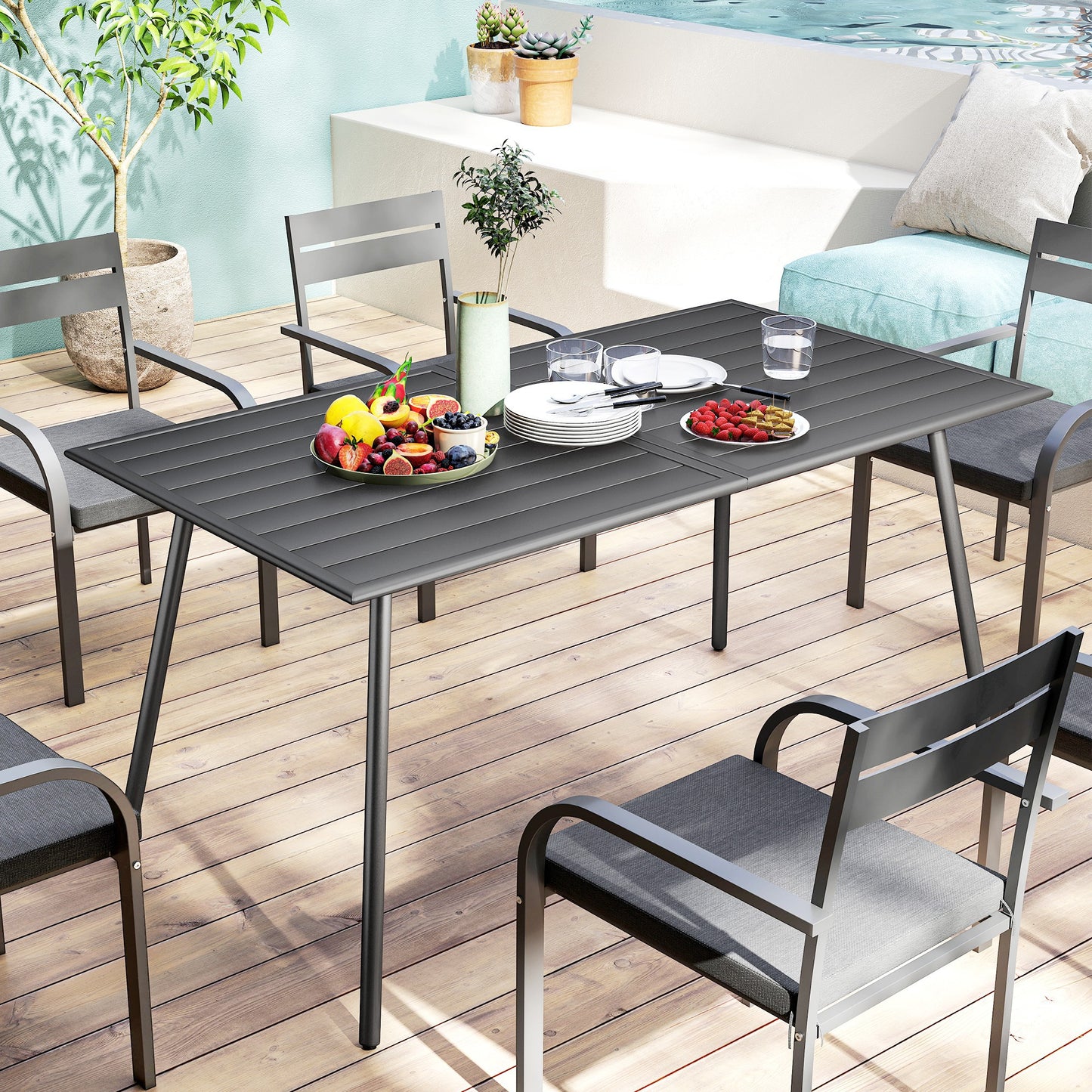 Outsunny Rectangle Garden Table With Slat Top Steel Frame Outdoor Table For Six People 150 x 80 x 74 Cm Grey