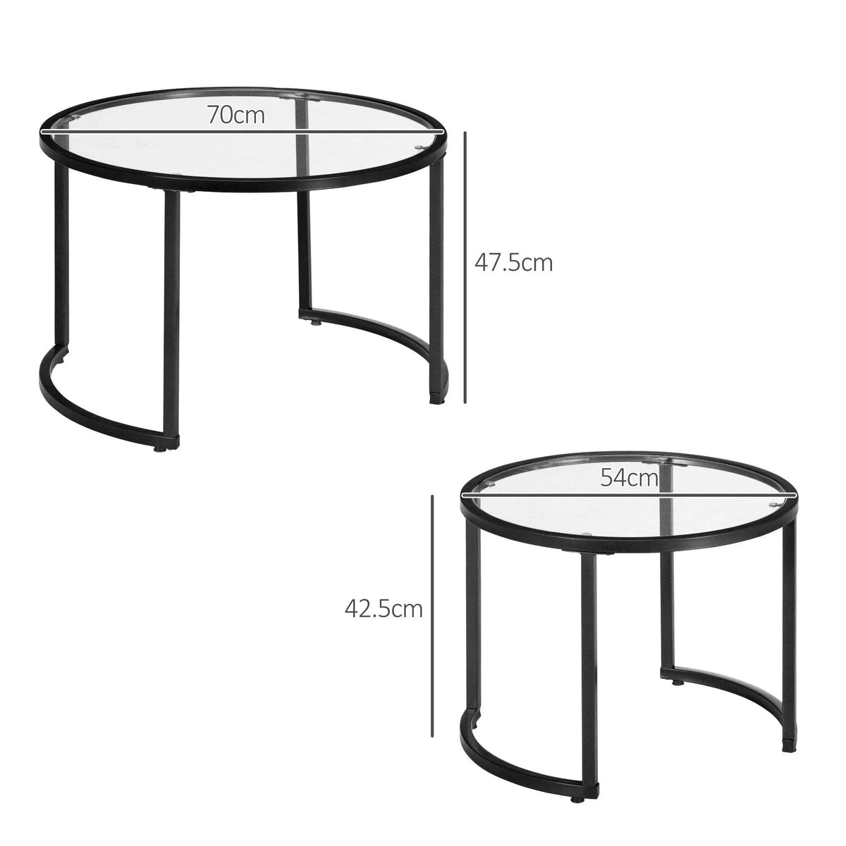 Black round glass nesting coffee table set with steel legs, size diagram