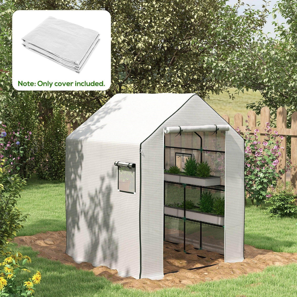 White PE walk-in greenhouse cover with roll-up door and side mesh windows