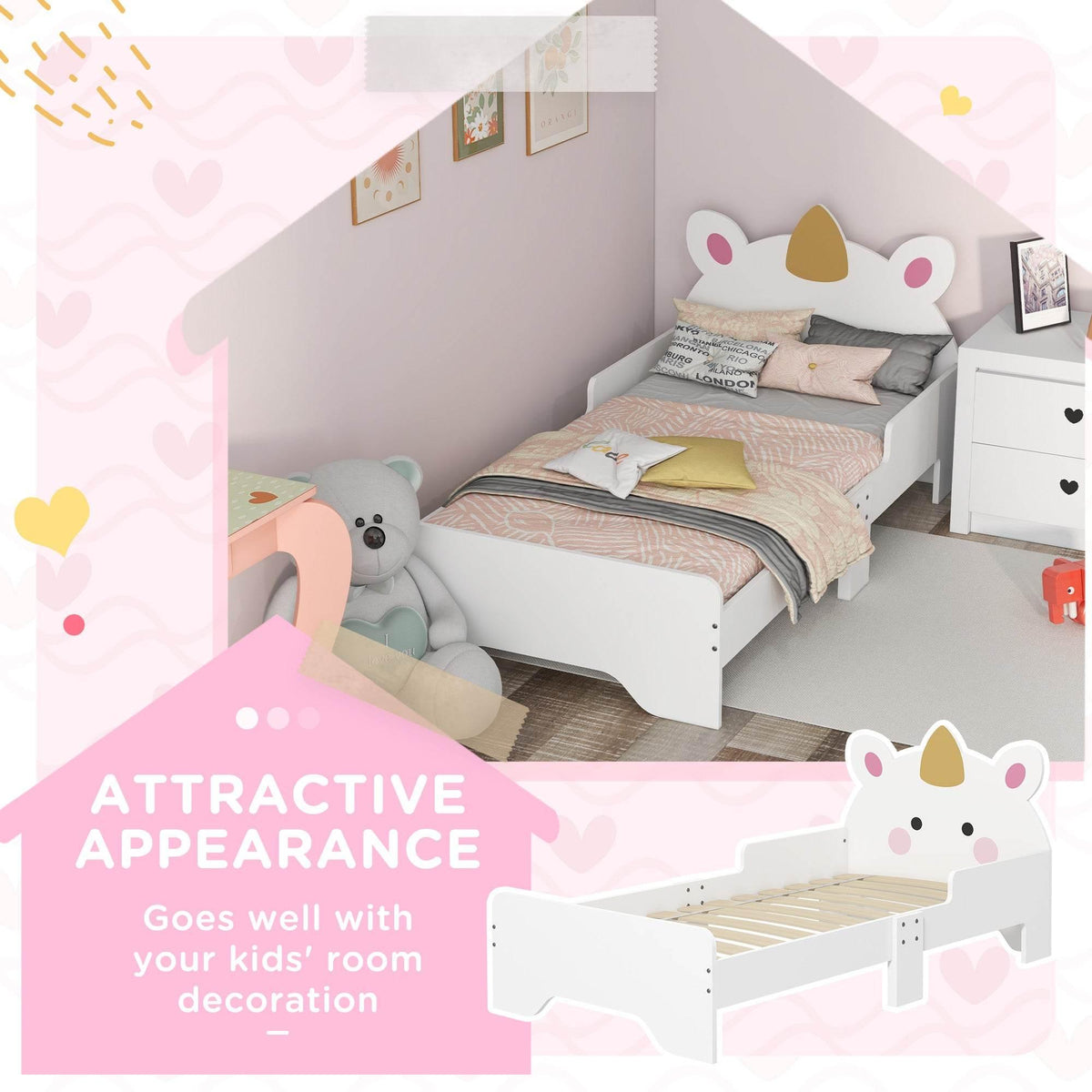 White unicorn toddler bed with horn-and-ear headboard and low side panels