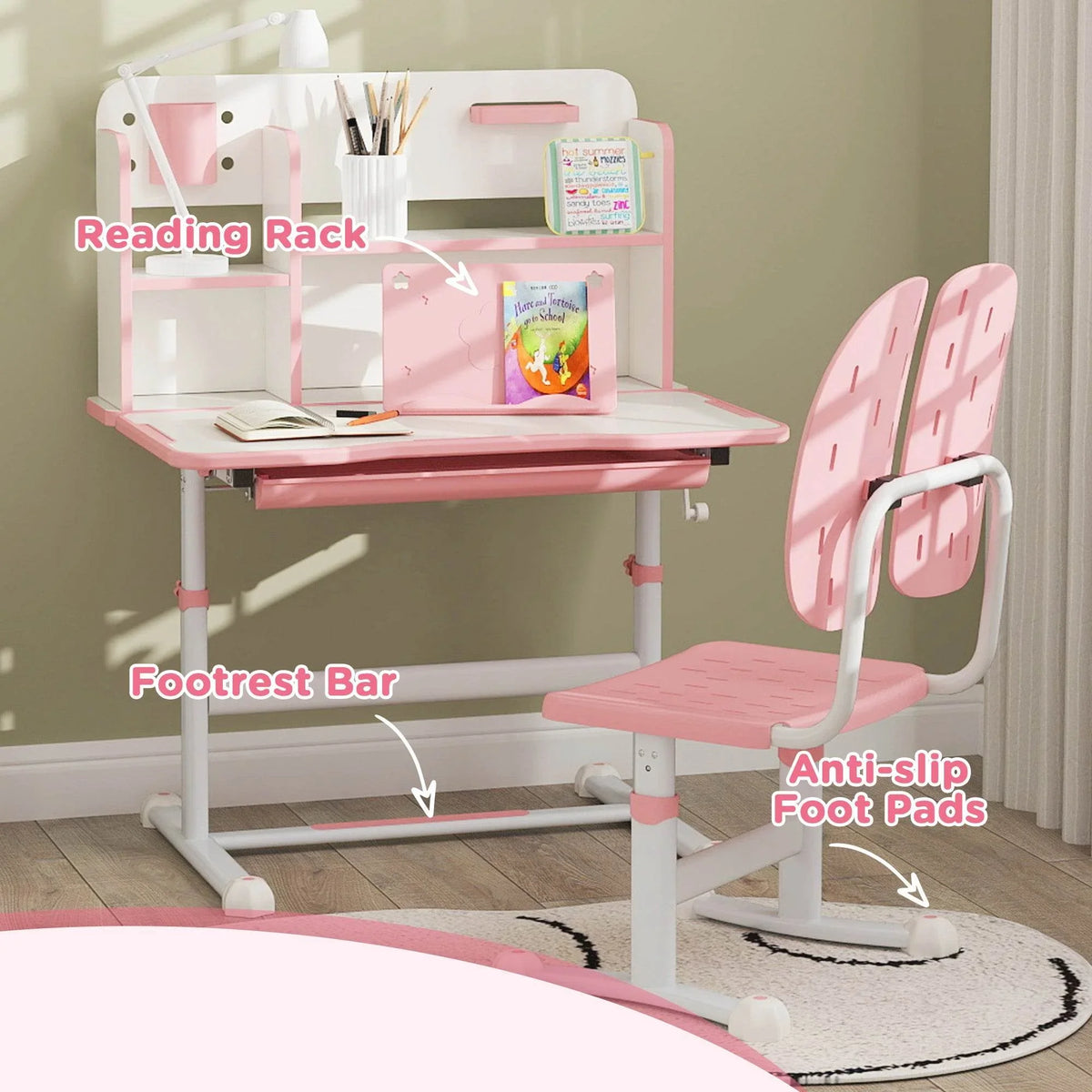 Pink children's desk and chair set with reading rack, footrest bar, and anti-slip pads