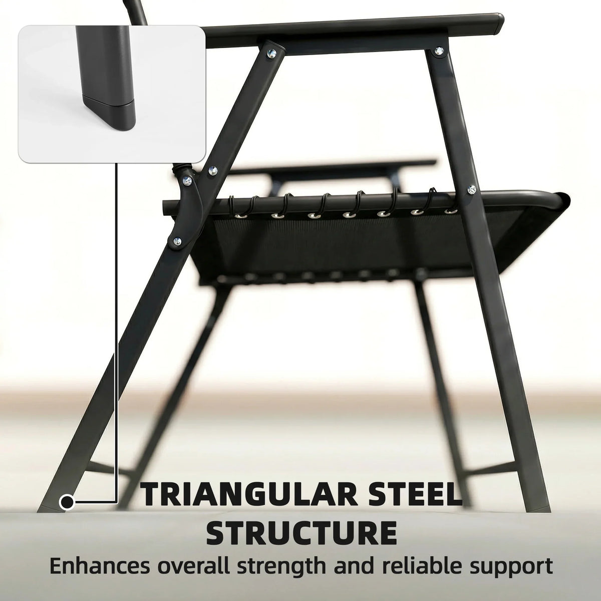 Black folding chair with triangular steel frame and mesh seat and back panel