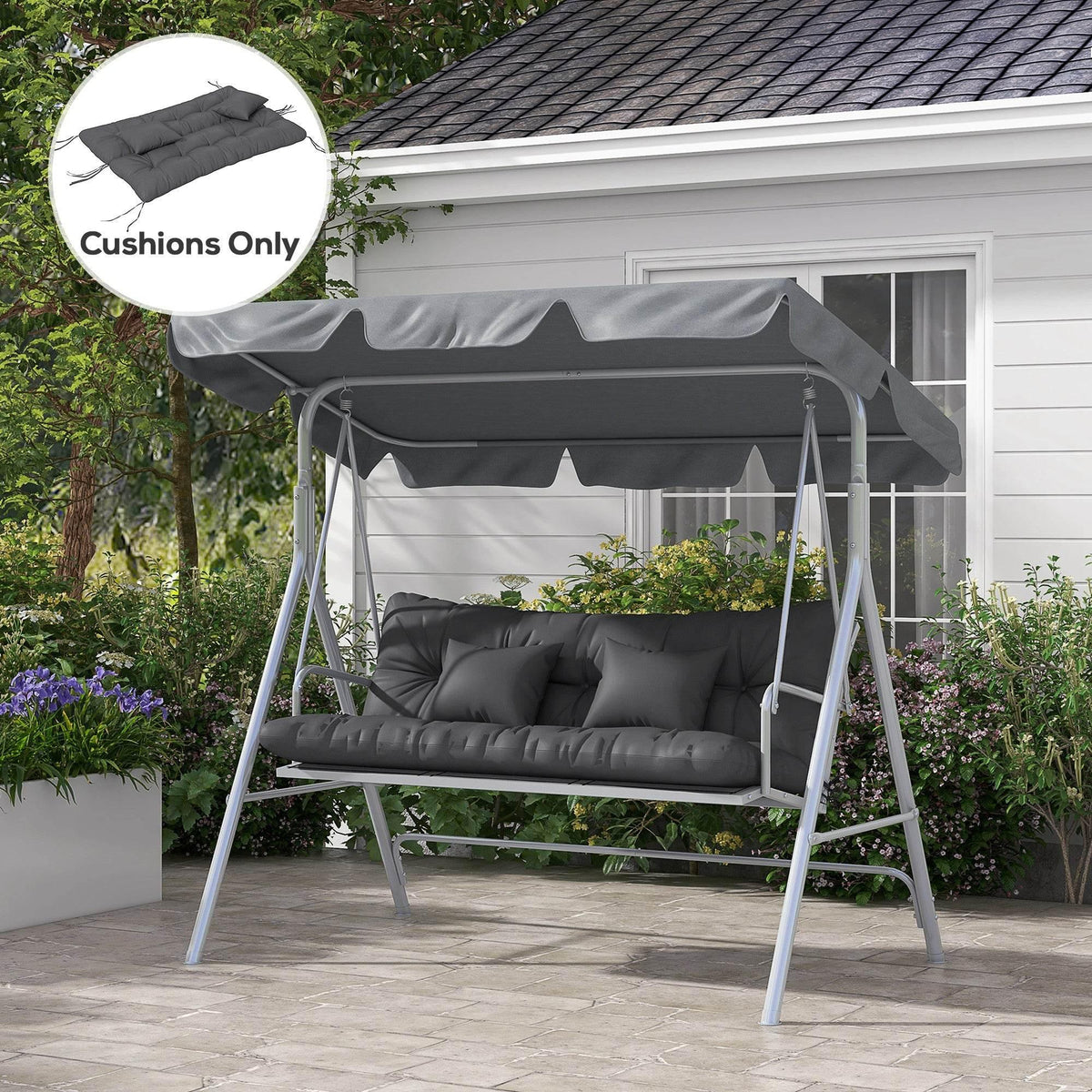 Charcoal grey outdoor swing chair cushion set: seat & back pads plus two pillows