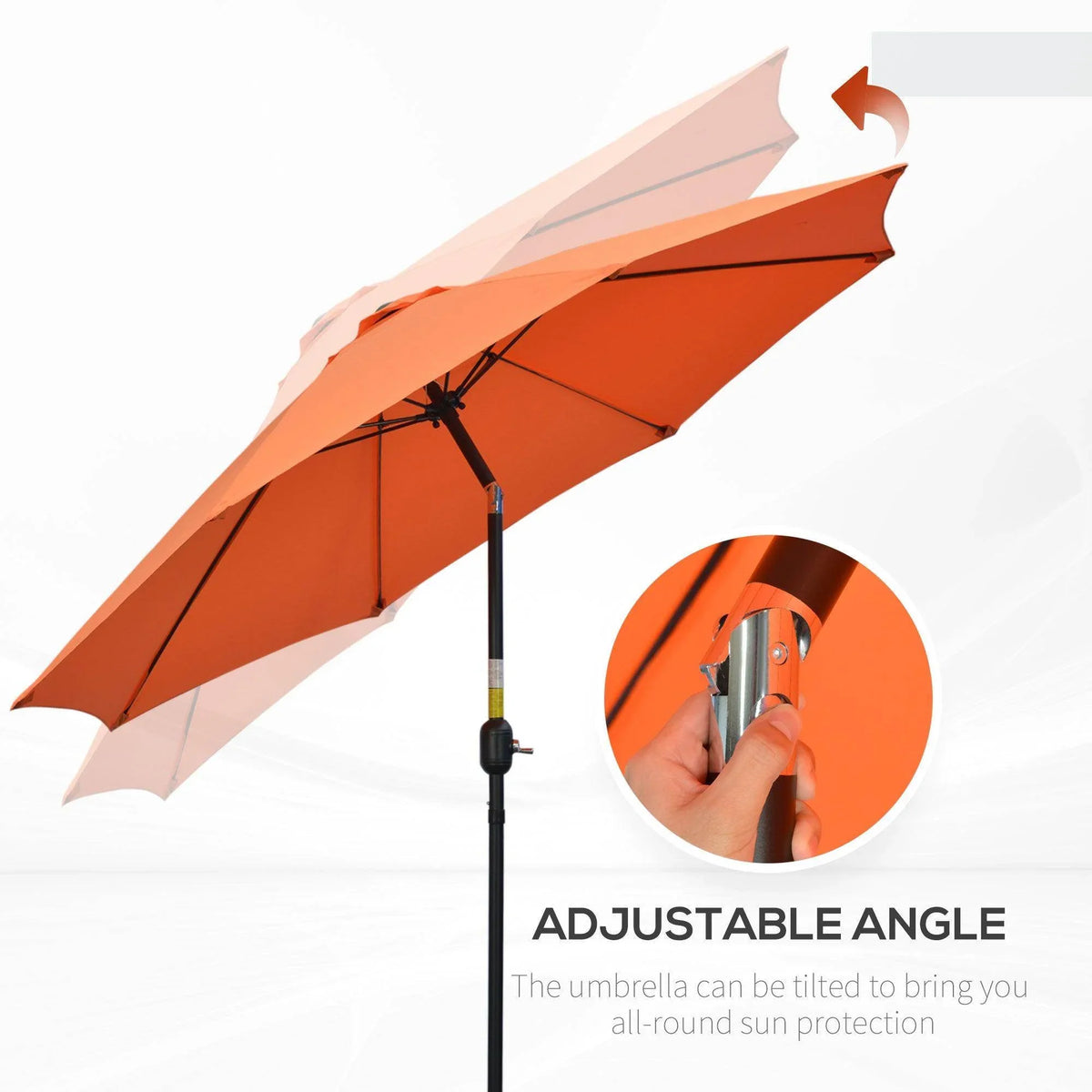 Orange patio umbrella with adjustable tilt angle and crank control on the pole