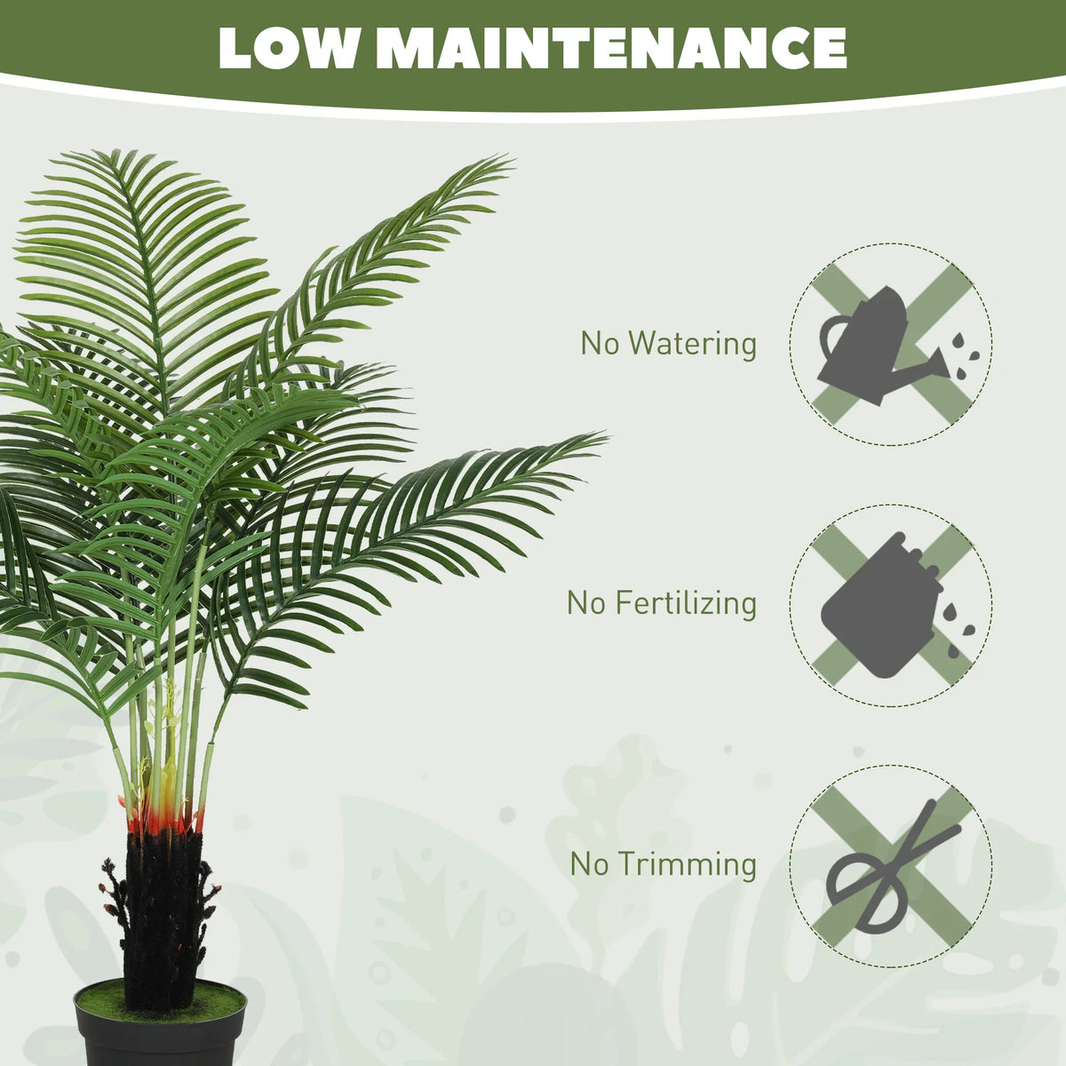 Artificial areca palm tree with green fronds in black pot for low maintenance