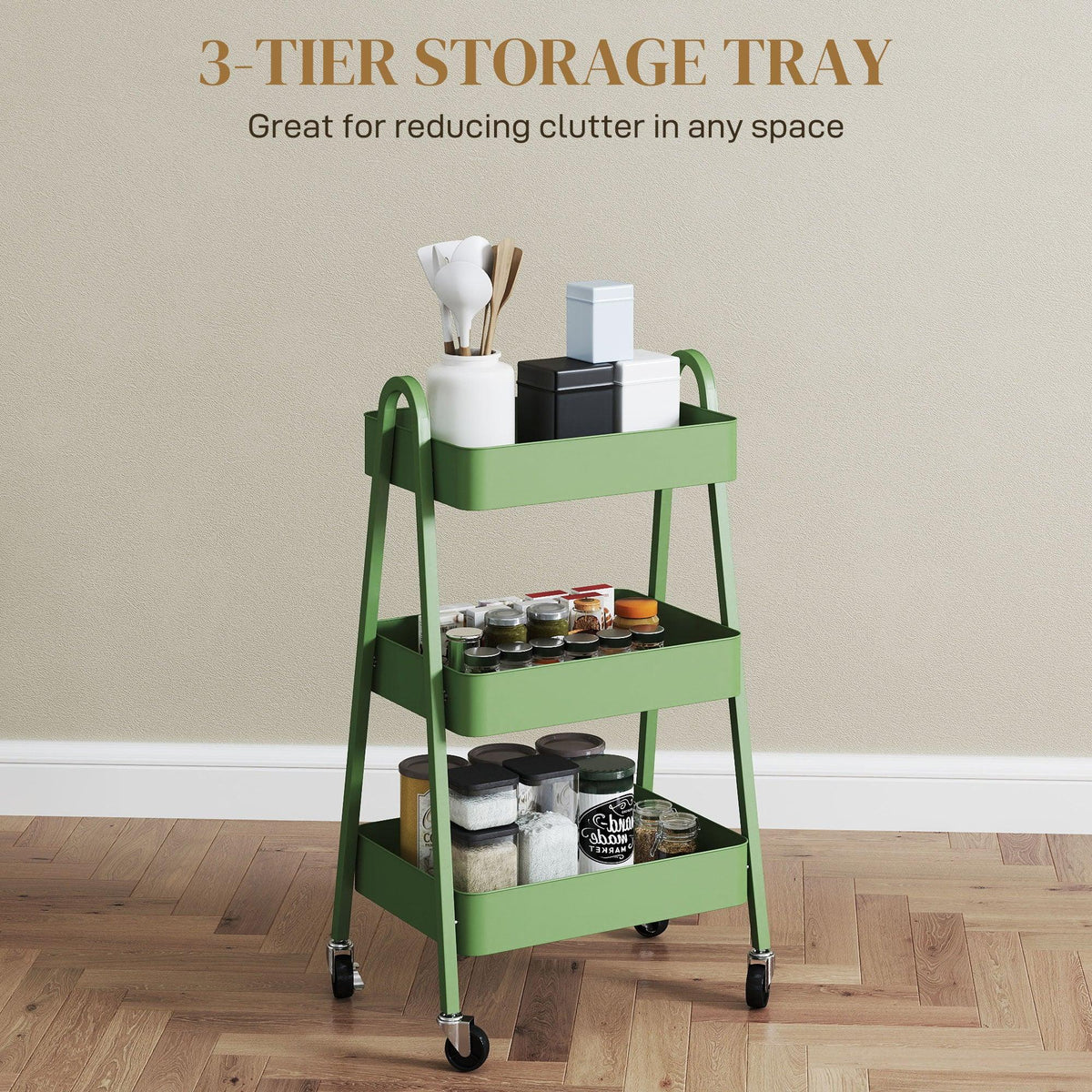 Green three-tier storage trolley with mesh trays, top handles, and rolling casters