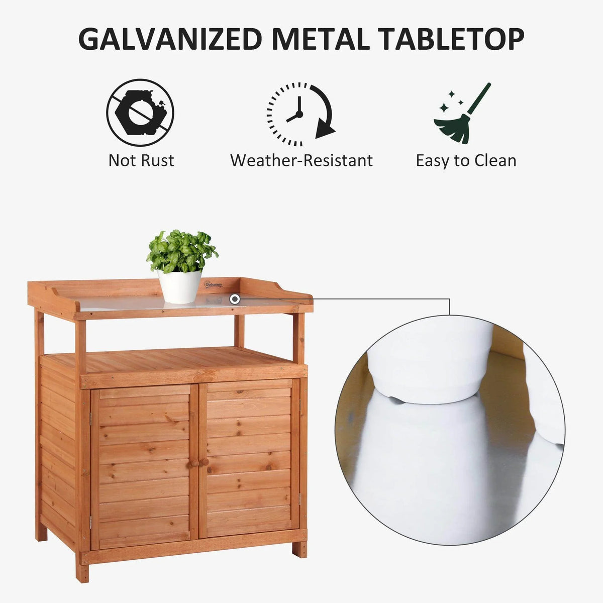 Wood potting bench with galvanized metal tabletop and enclosed double cabinet doors