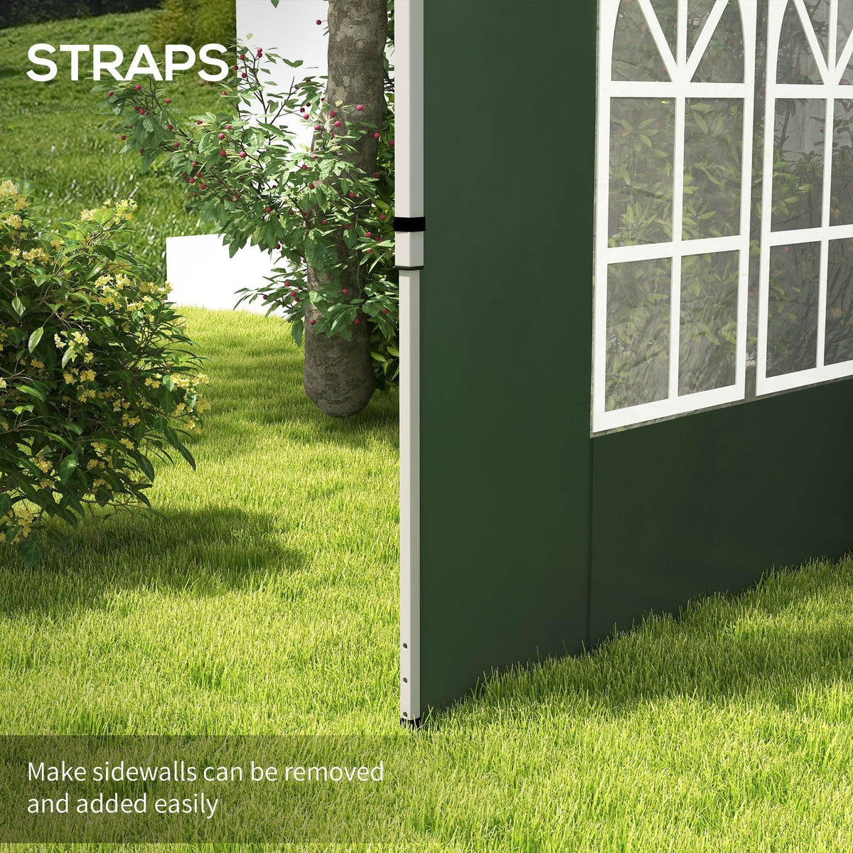 Green gazebo side panel with white window cutout and black strap tie details