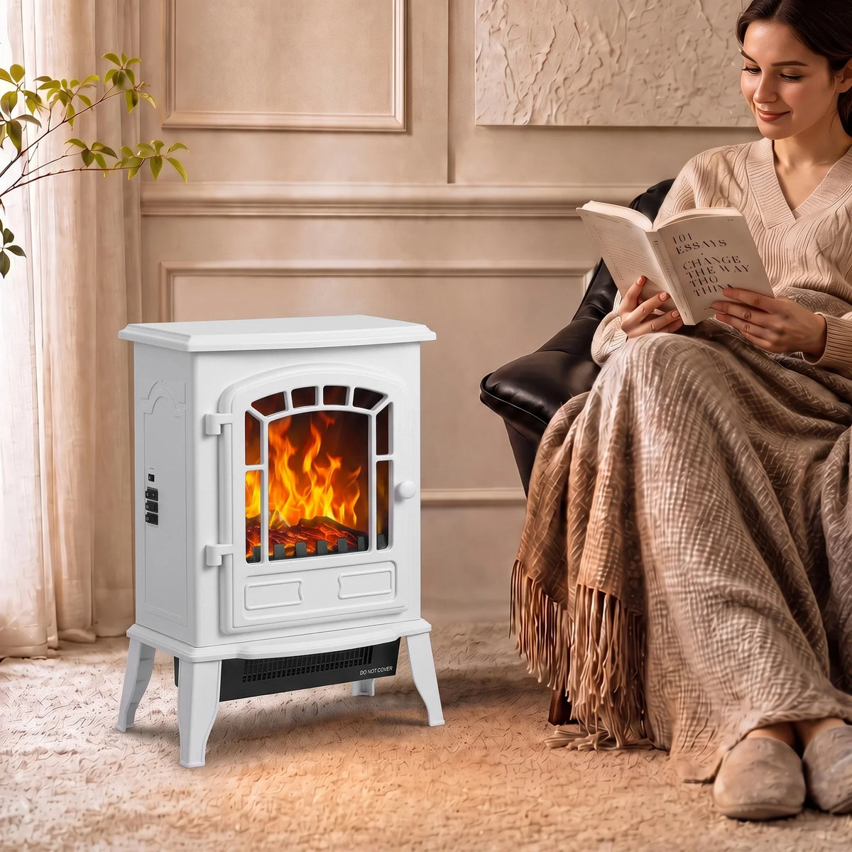 White freestanding electric fireplace stove with arched viewing window and glowing flame effect