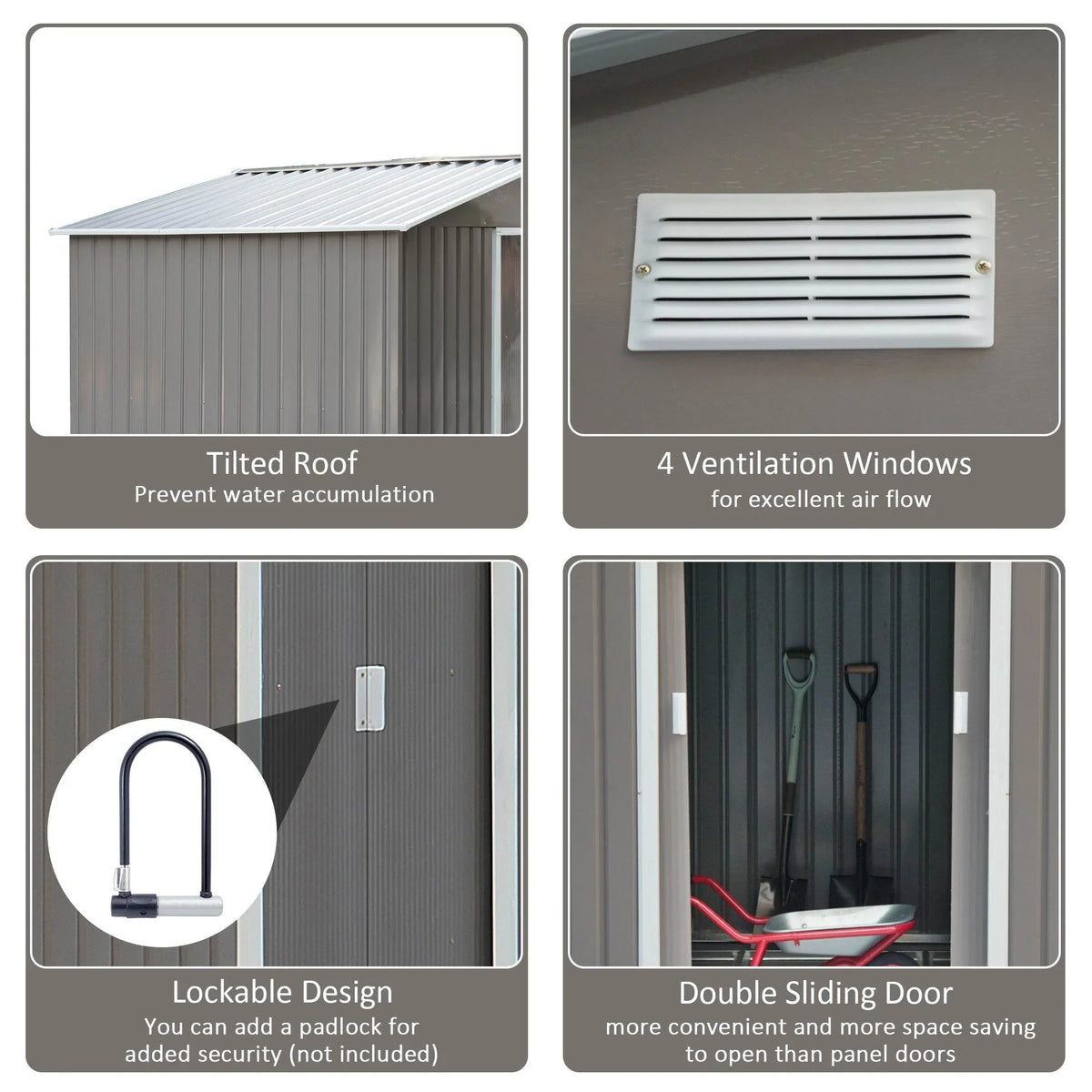 Metal shed features: ventilation windows, lockable latch, and double sliding door.