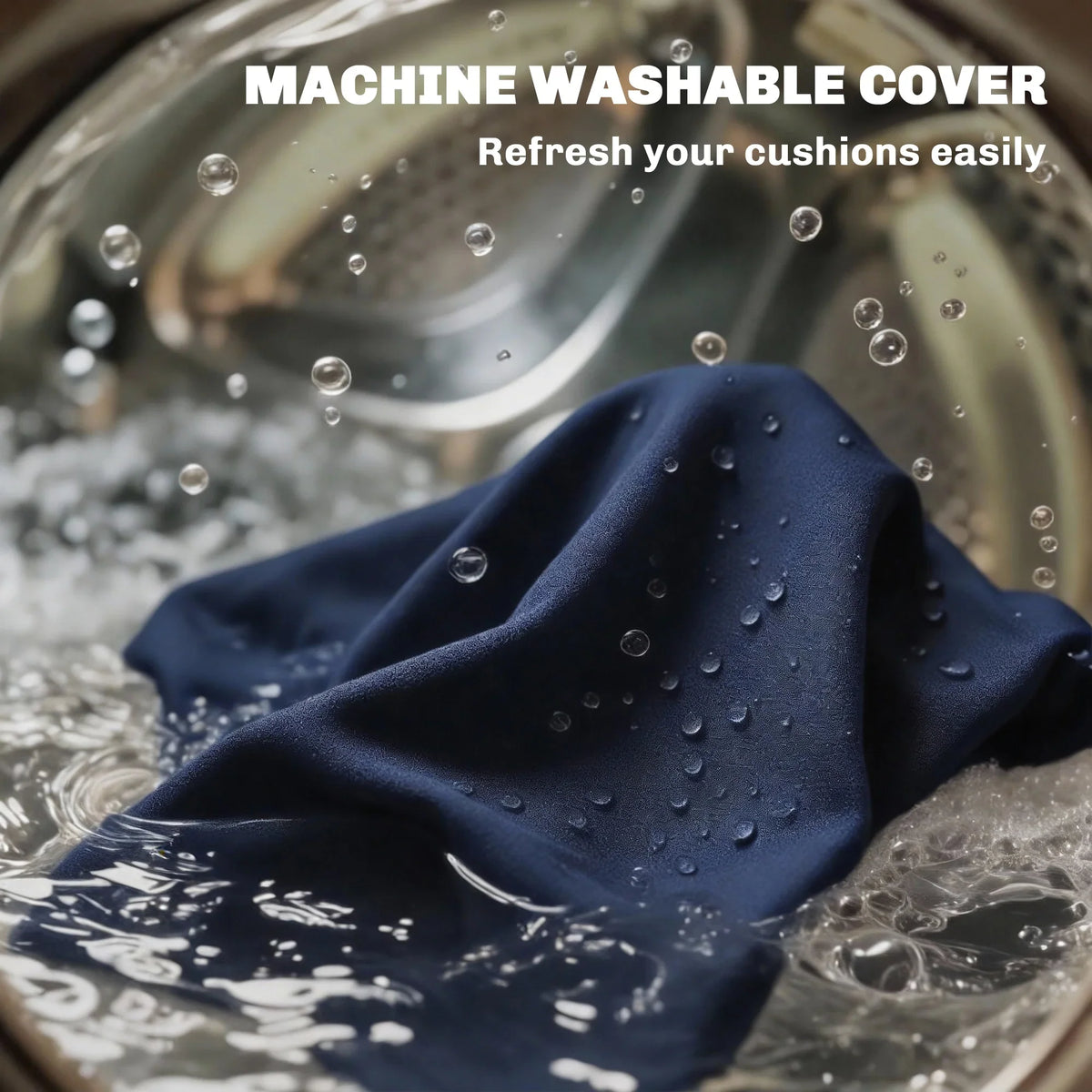 Dark blue water-repellent cushion cover fabric with visible water droplets