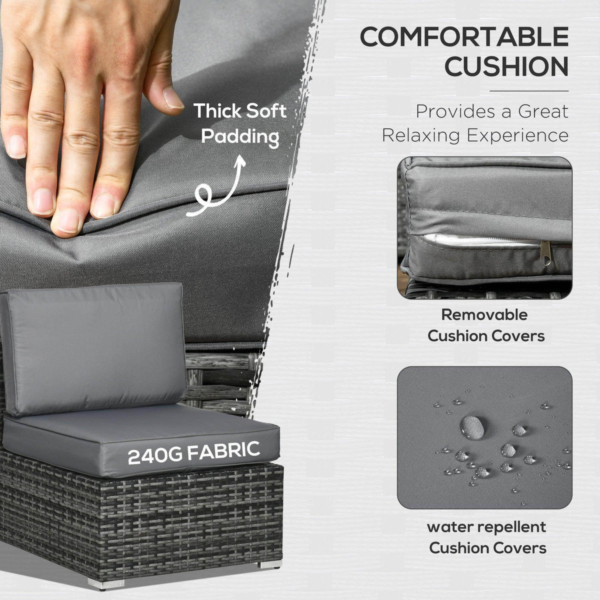 Grey outdoor seat cushion with removable cover and water-repellent fabric