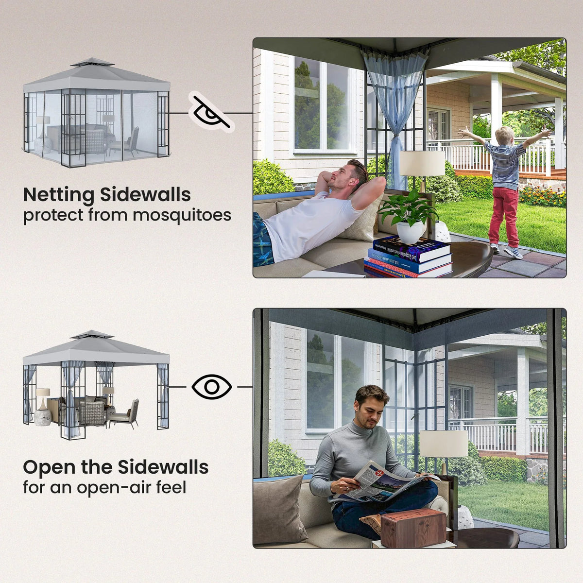 Patio gazebo mosquito netting sidewalls with zip-open panels for open-air use