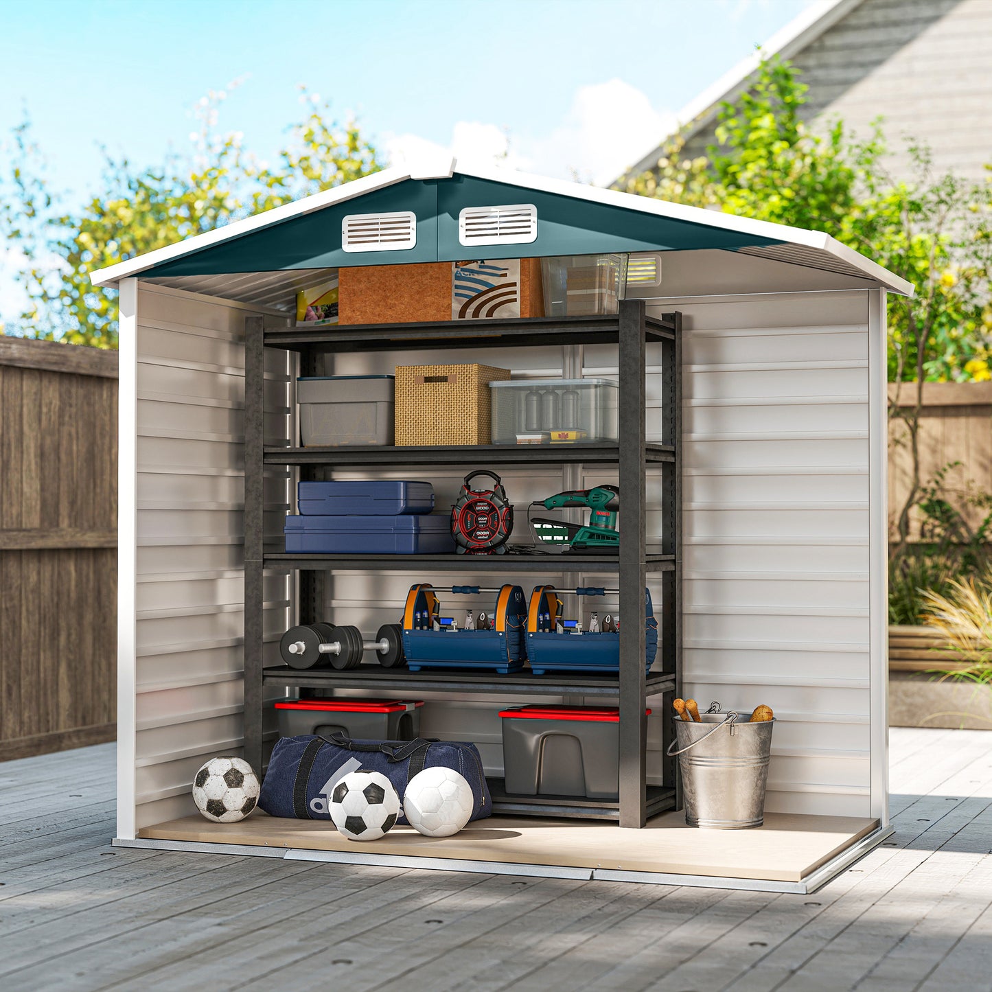 Outsunny 7 x 4 Ft Garden Shed Easy to Assemble Upgraded Galvanised Steel Frame Double Doors Lock Vents Green
