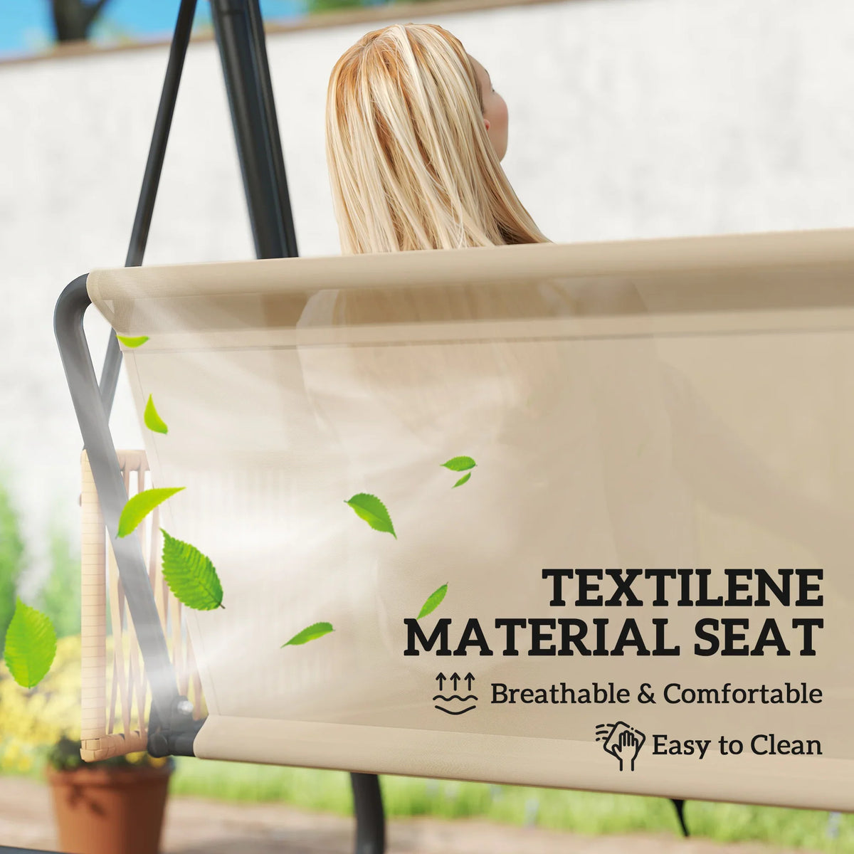 Texitilene seat fabric on an outdoor swing chair, breathable and easy to clean