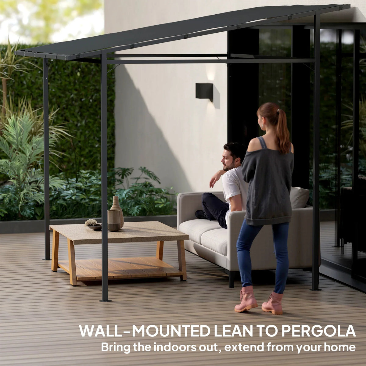 Wall-mounted lean-to pergola gazebo with dark grey fabric roof above outdoor lounge seating.