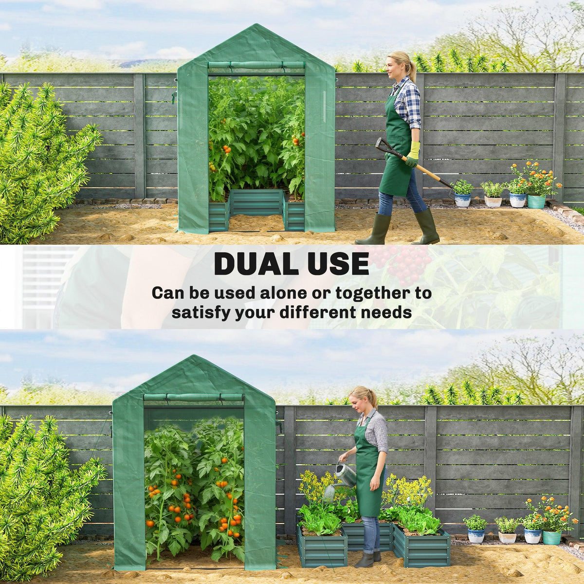 Green walk-in greenhouse with open doorway and raised bed, holding potted plants