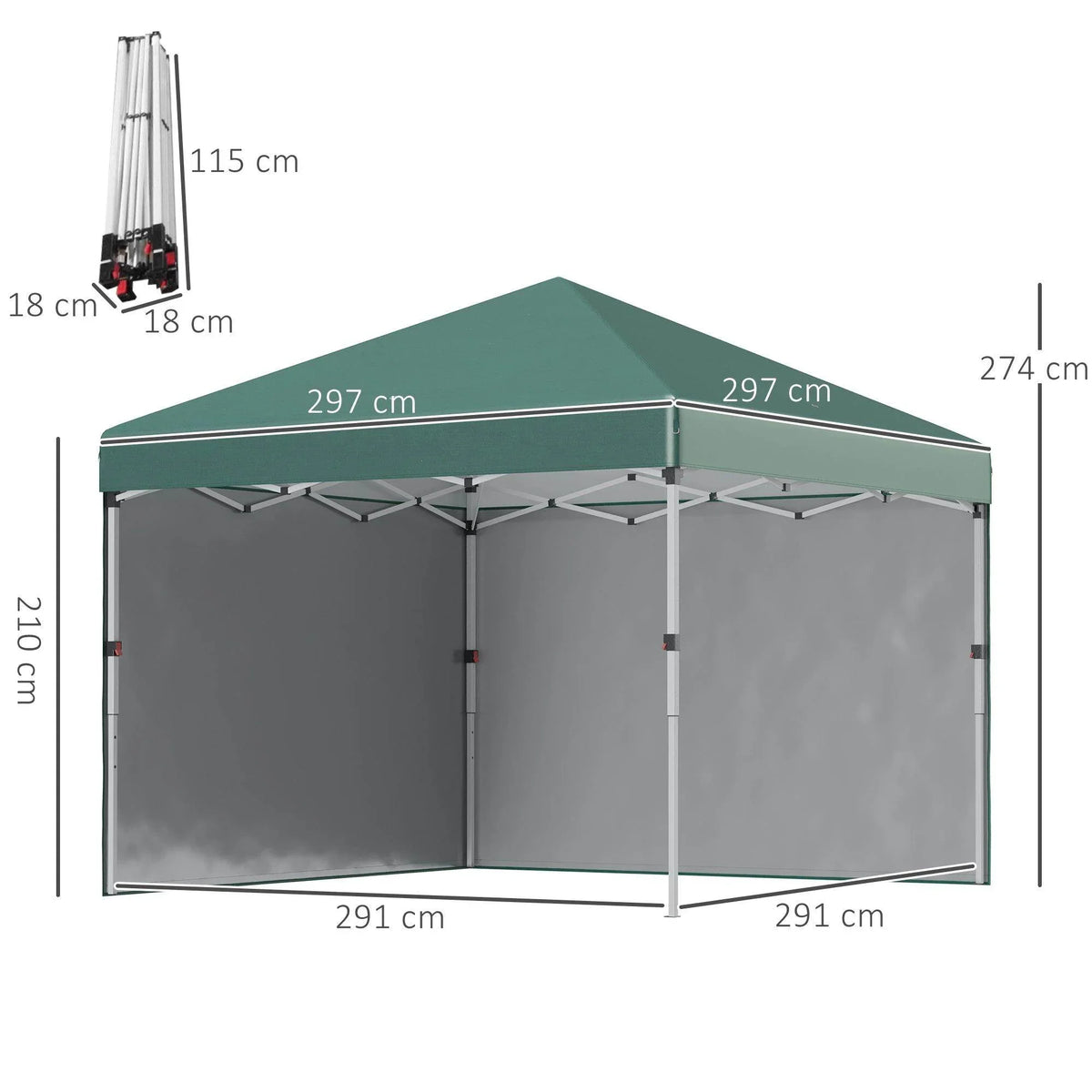 Green pop-up gazebo tent diagram with gray side panels and green peaked canopy