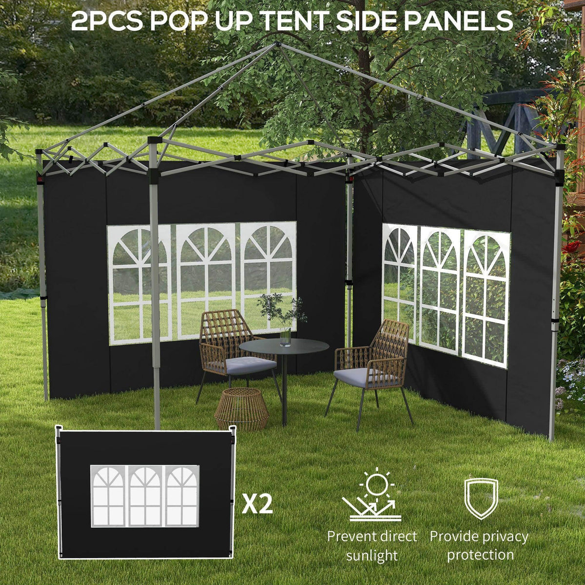 Black fabric gazebo side panels with white arched windows, privacy wall setup