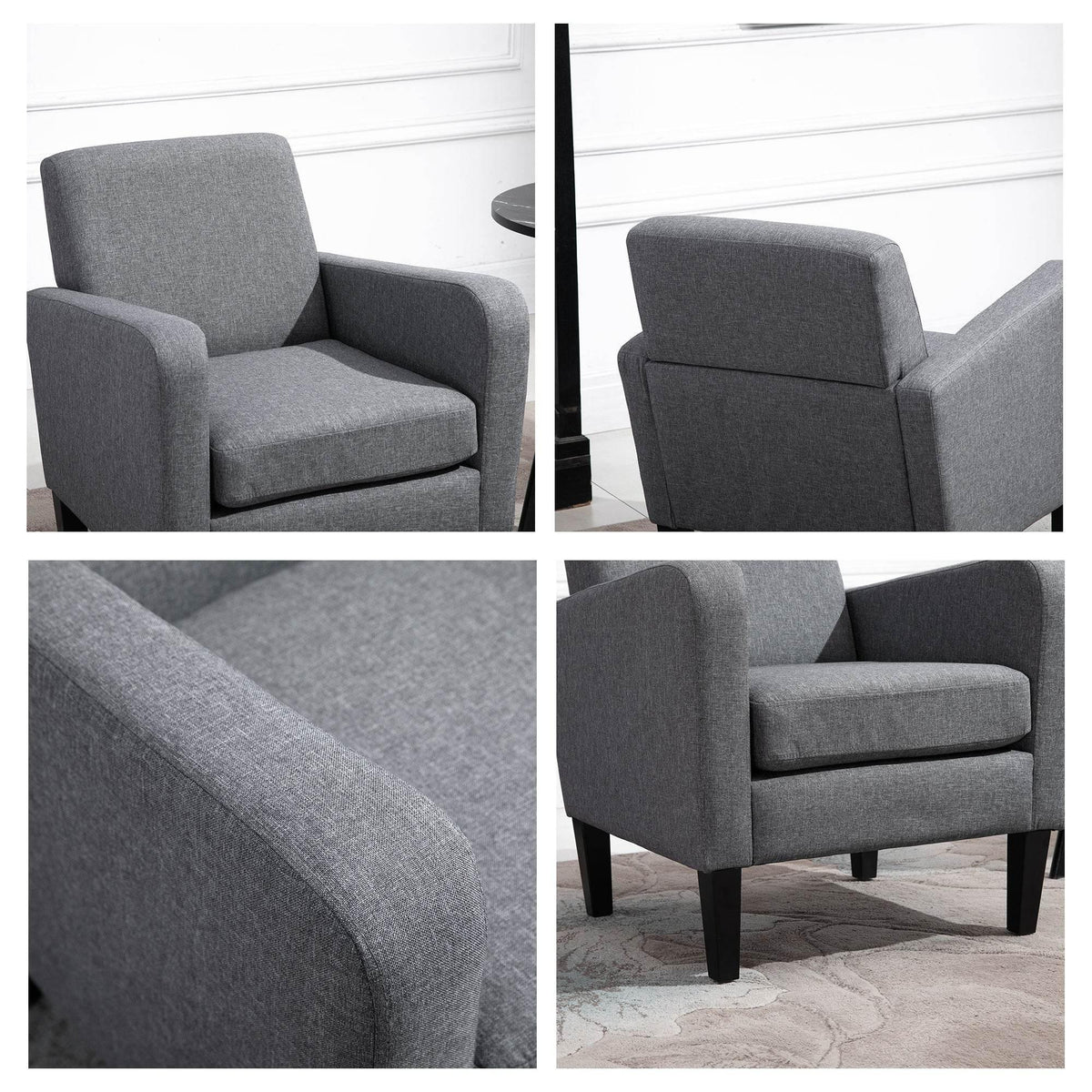 Grey upholstered armchair with wide armrests and cushioned seat in multiple angles