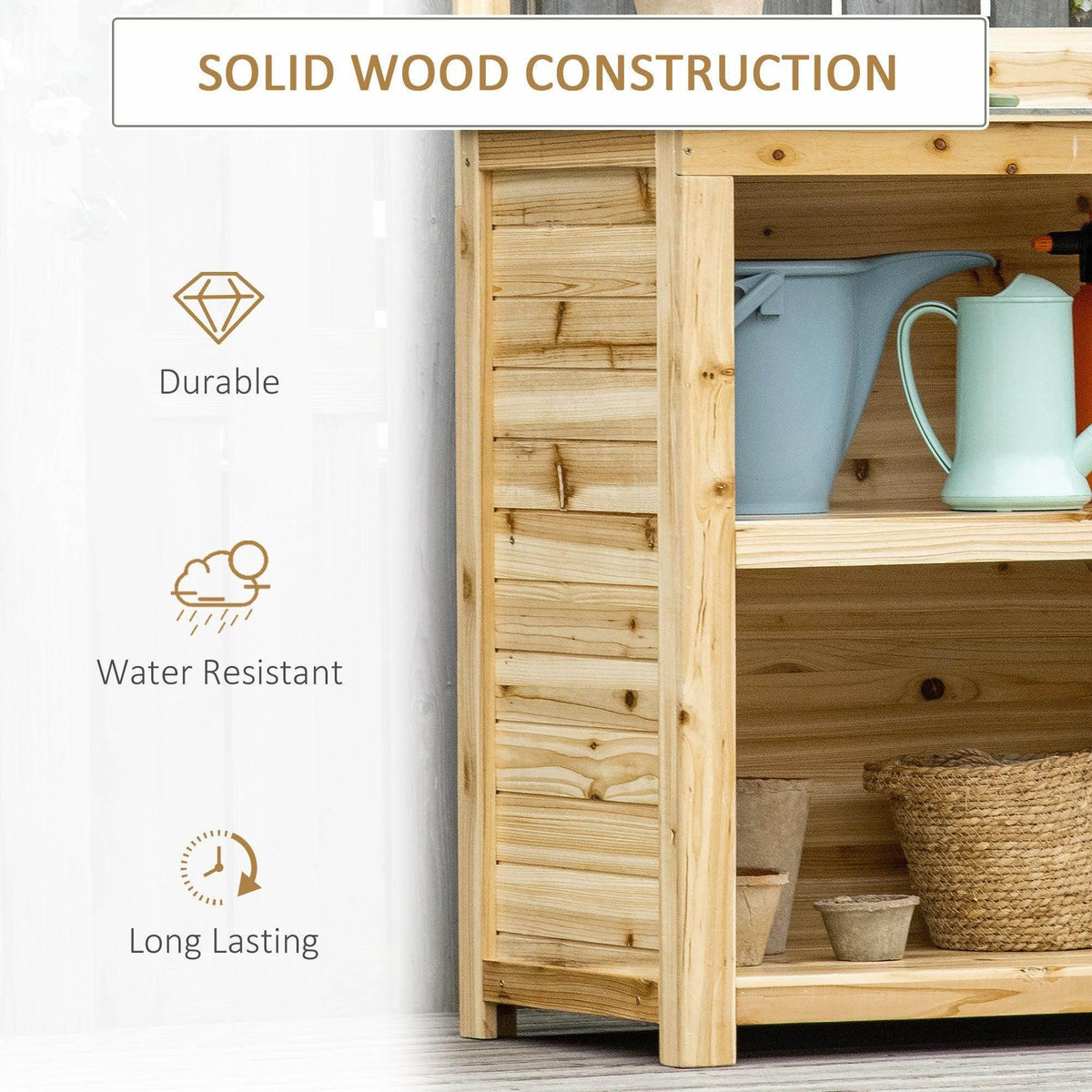 Solid wood potting bench frame with open shelf storage, corner view