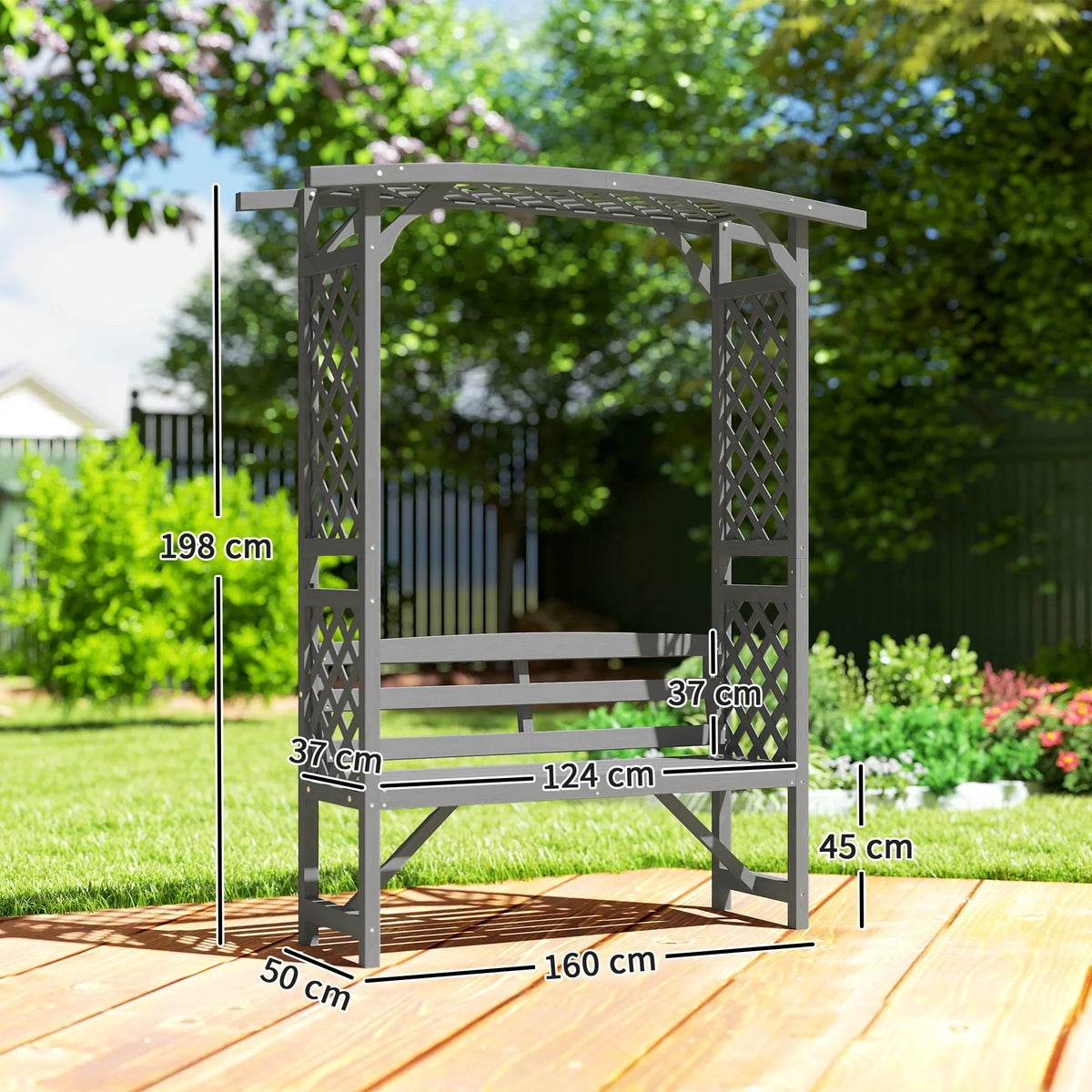 Grey wooden arbour bench with trellis sides and seat, with size measurements shown.