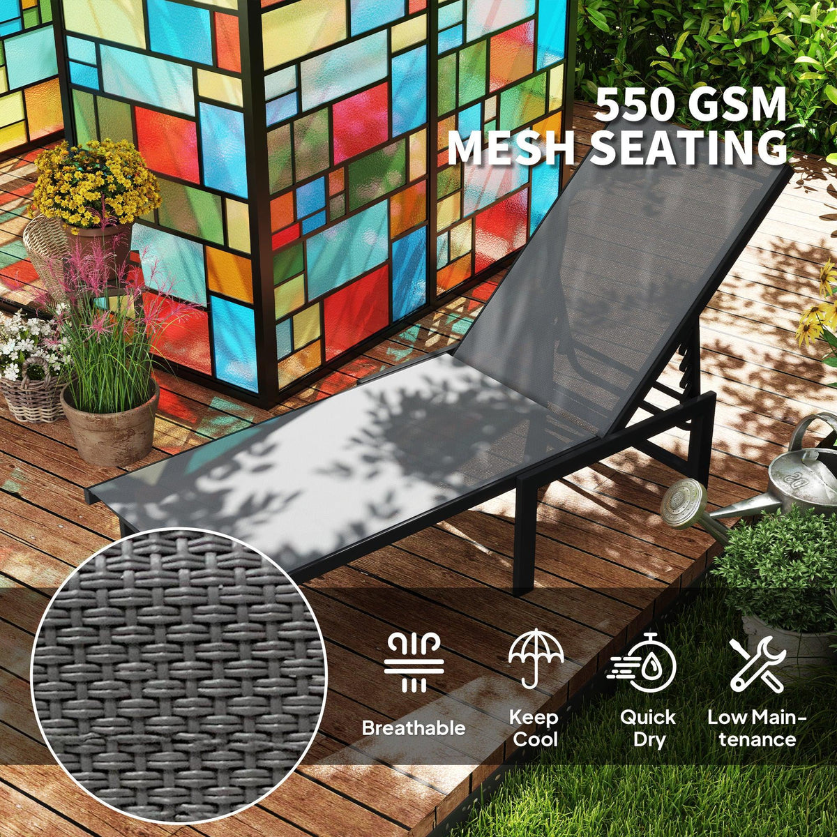 Grey breathable mesh-textiline sun lounger with powder-coated steel frame on wooden deck