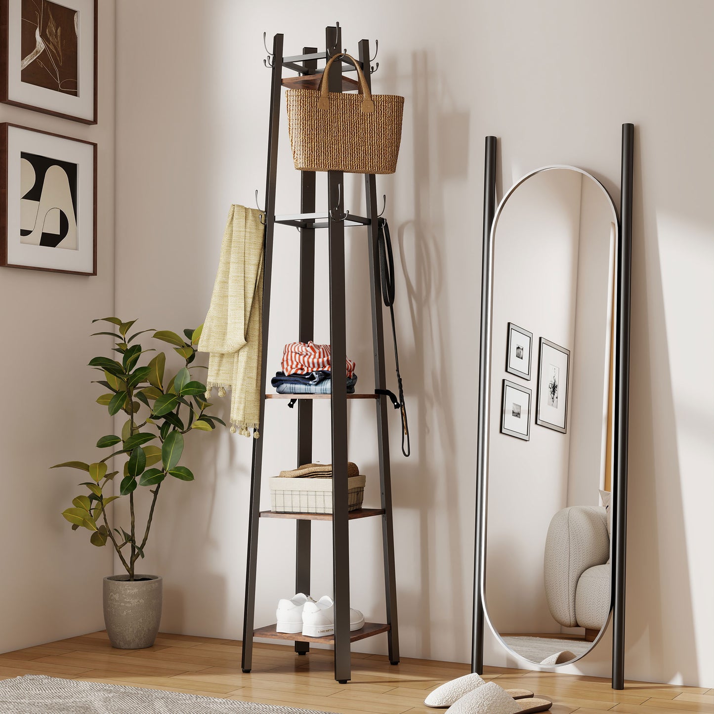 HOMCOM Industrial Style Four Shelf Coat Stand with Eight Hooks for Entryway Organization Brown and Black