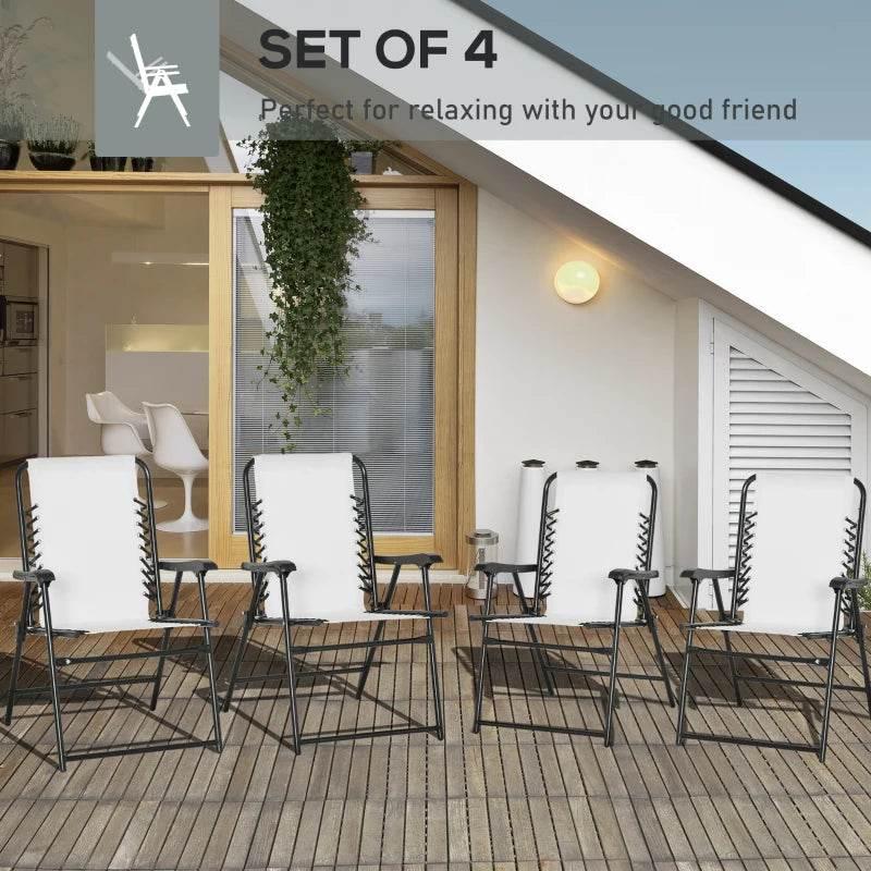 Cream white folding patio chairs with black steel frames and armrests, set of four