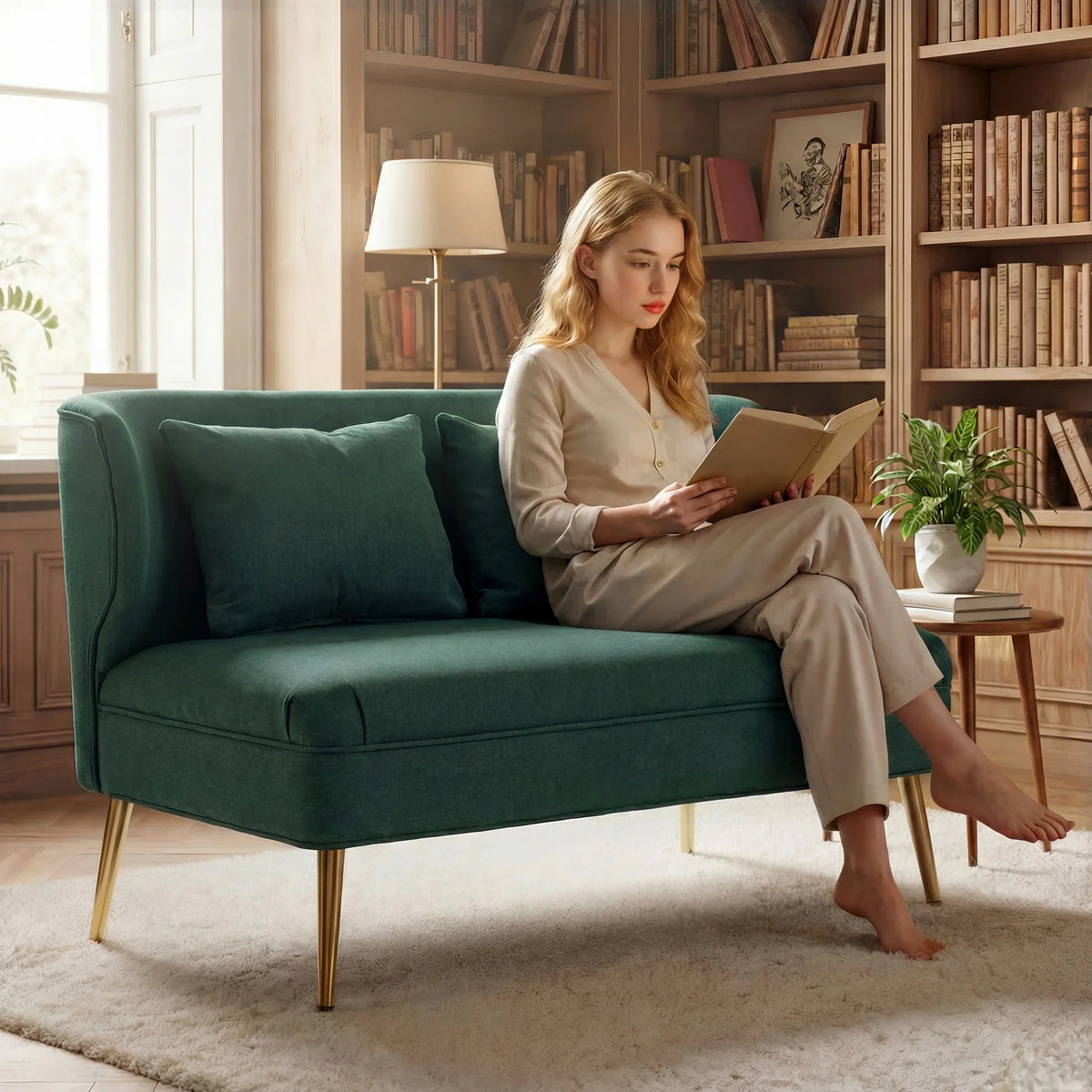 Dark green wing-back sofa with two back cushions and raised legs