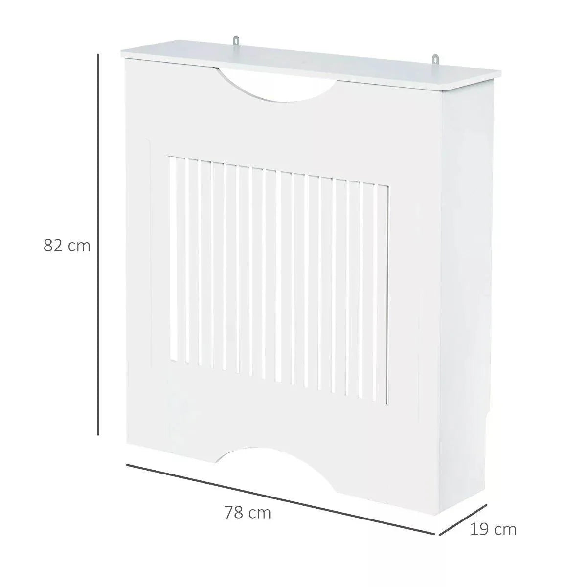 White radiator cover with vertical slatted ventilation panel and rounded cutout edges