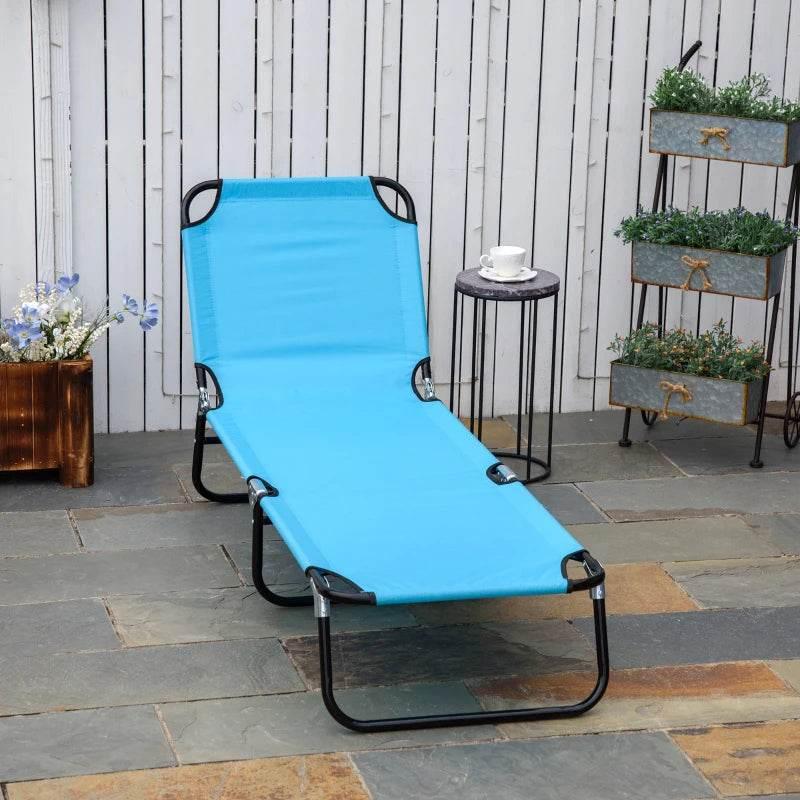 Light blue fabric garden sun lounger with black steel frame, five-position backrest