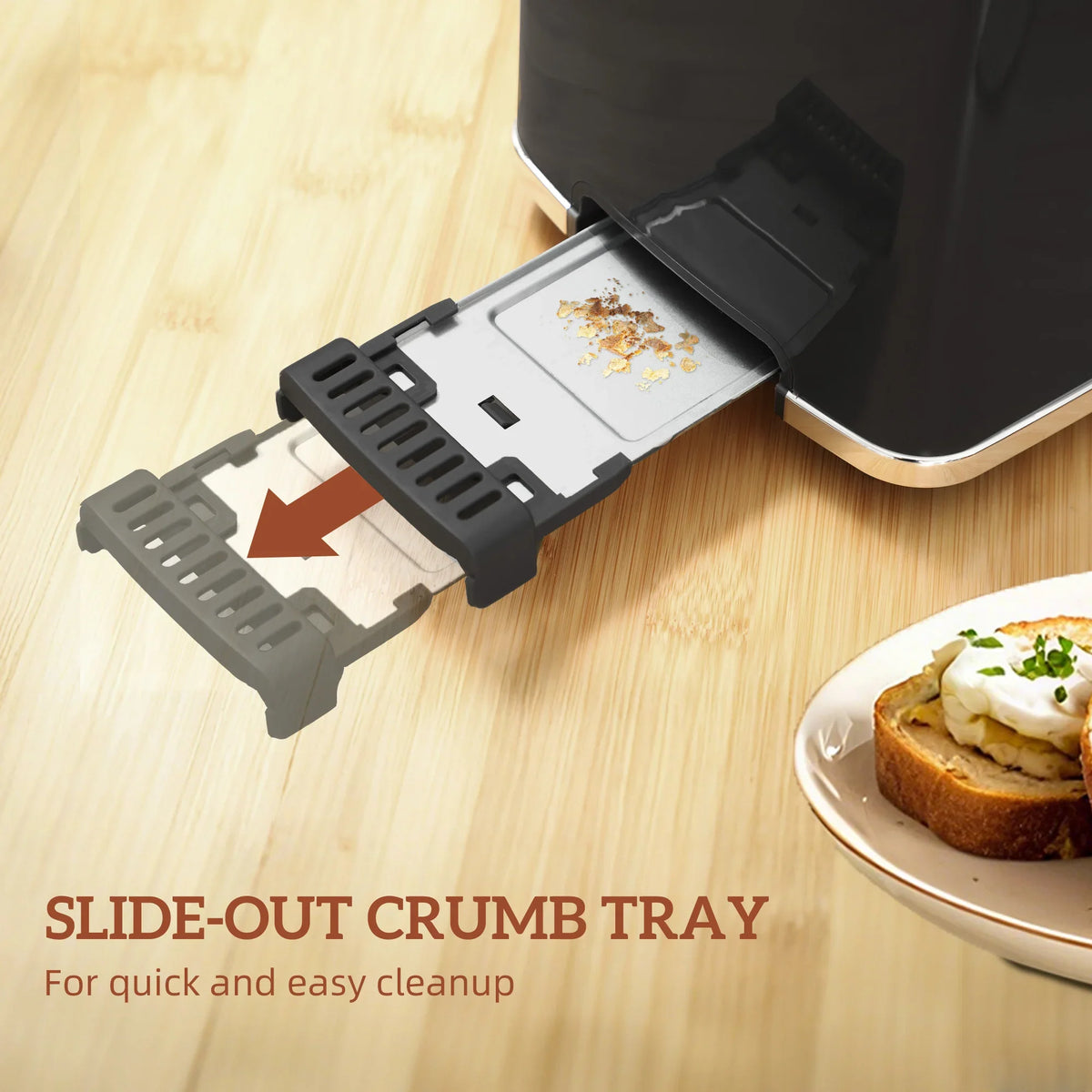Black toaster with slide-out crumb tray open for quick cleanup