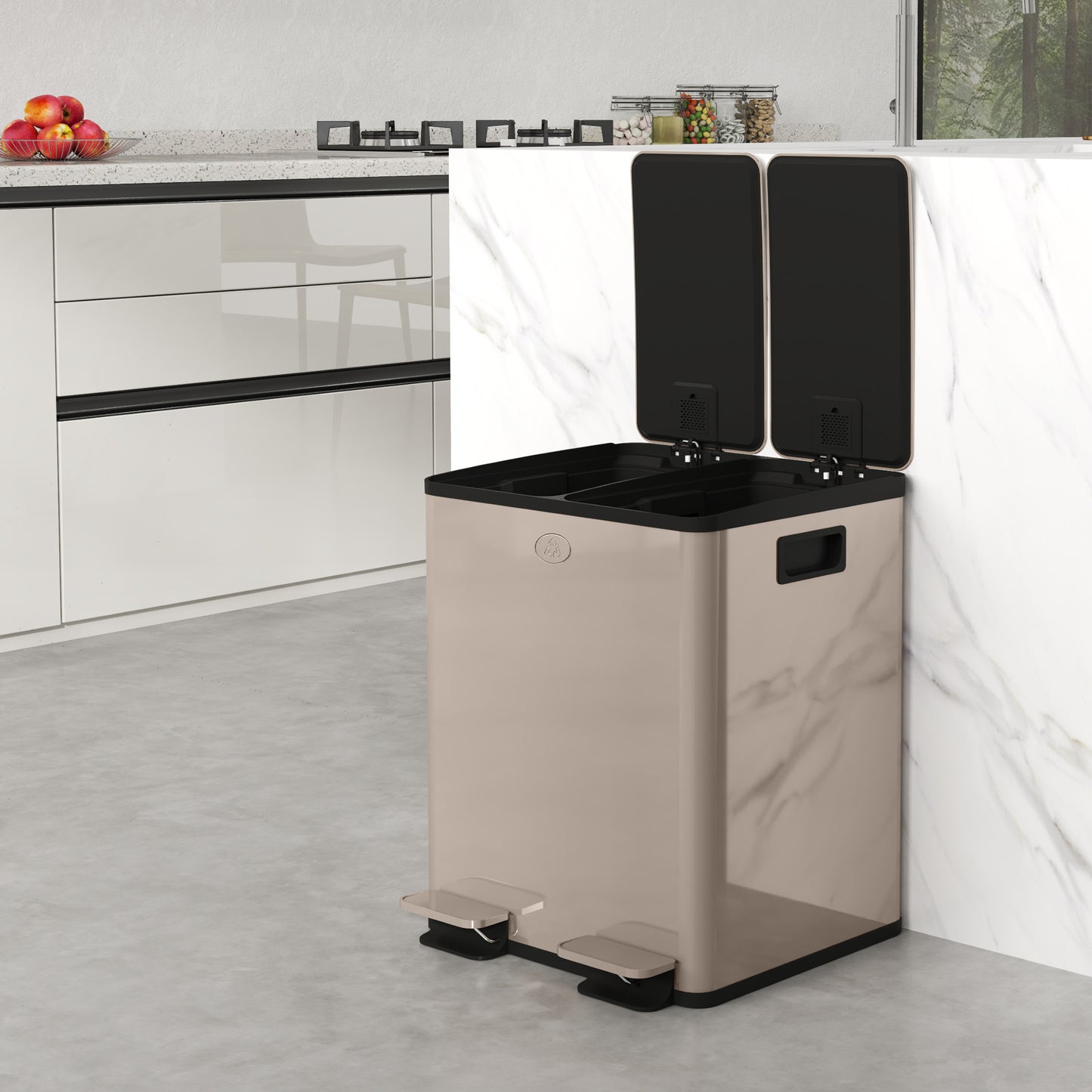 HOMCOM 40L Dual Compartment Stainless Steel Bin With Deodoriser Holders Gold Tone