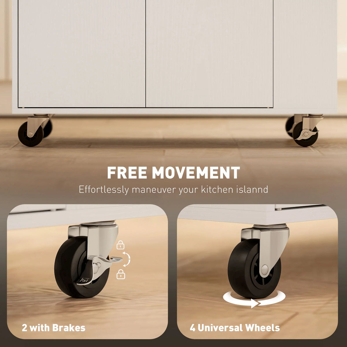 White rolling kitchen island base with black locking wheels for smooth movement