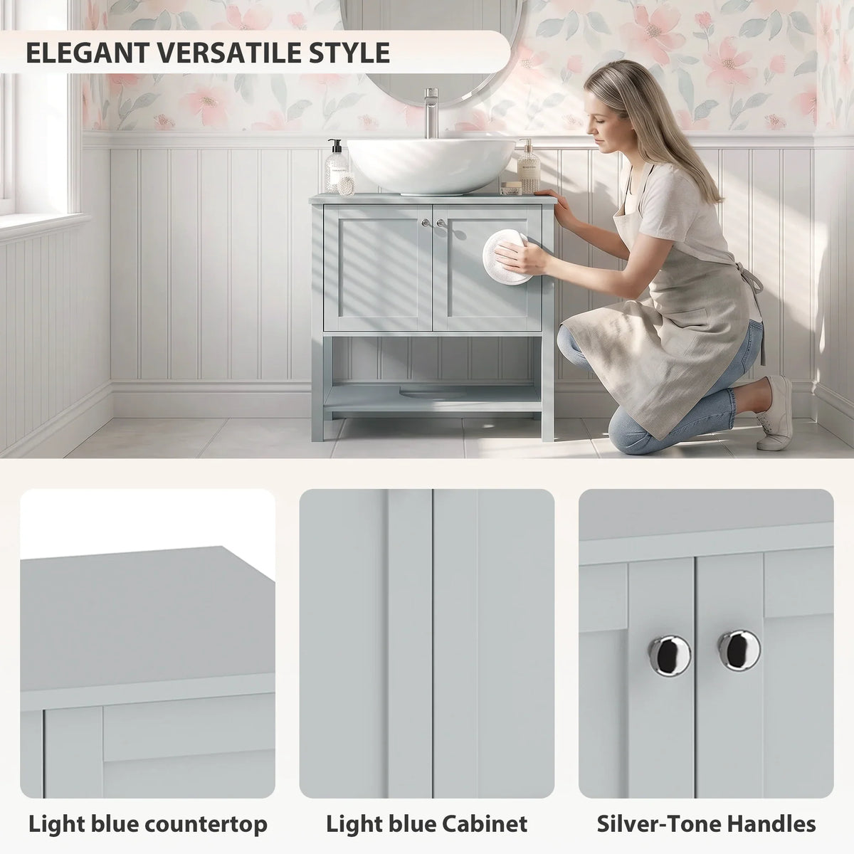 Light blue cabinet with two doors and silver-tone handles, open base shelf