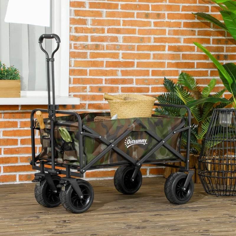 Multicolour folding garden trolley with camouflage fabric sides and four black wheels