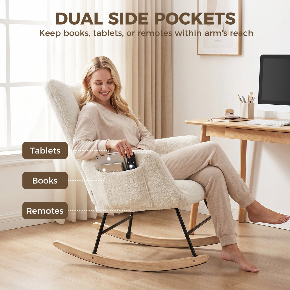 Cream rocking chair showing two side pockets beside the seat and wingback backrest