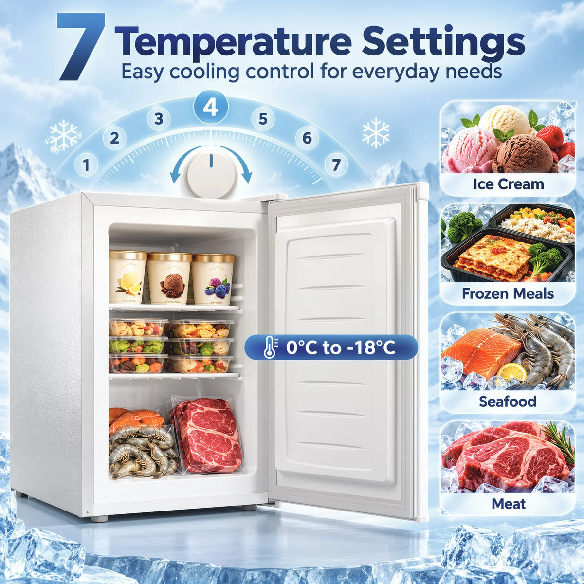 White mini freezer with open door showing internal shelves and storage compartment