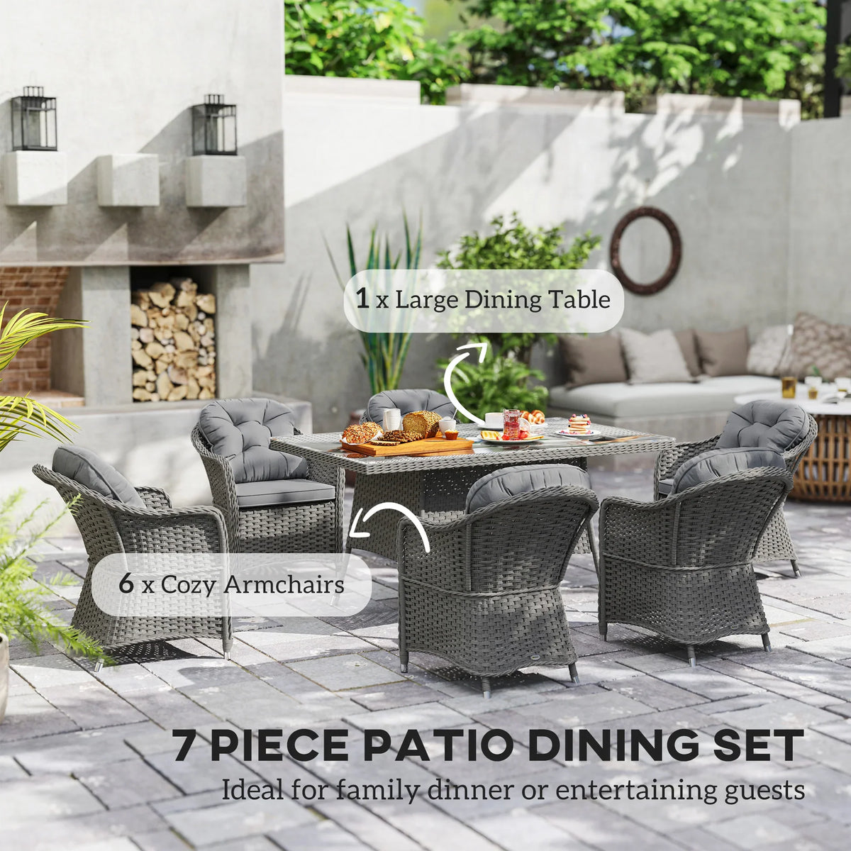 Seven-piece light grey rattan outdoor dining set with six armchairs and large table