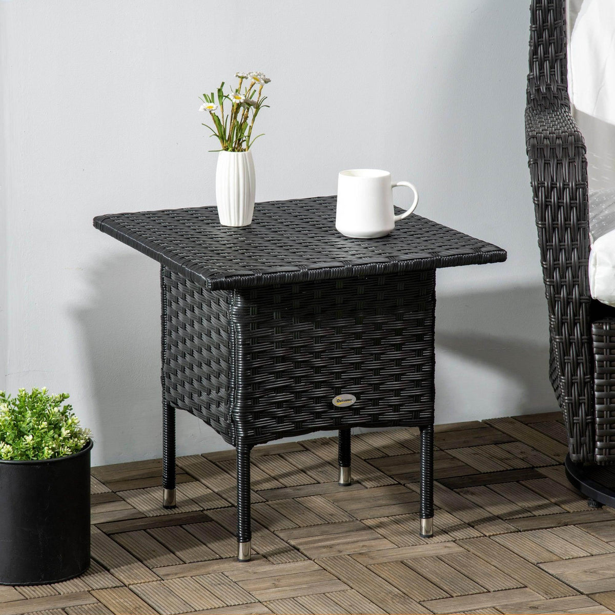 Black PE rattan outdoor side table with drawer and square woven tabletop