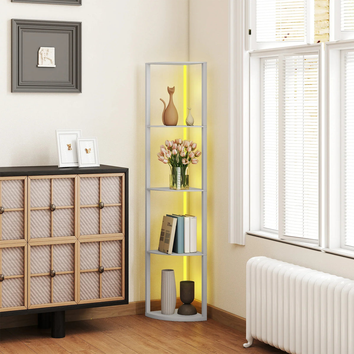 RGB LED floor lamp with grey frame and 5-tier glass shelves, warm yellow glow