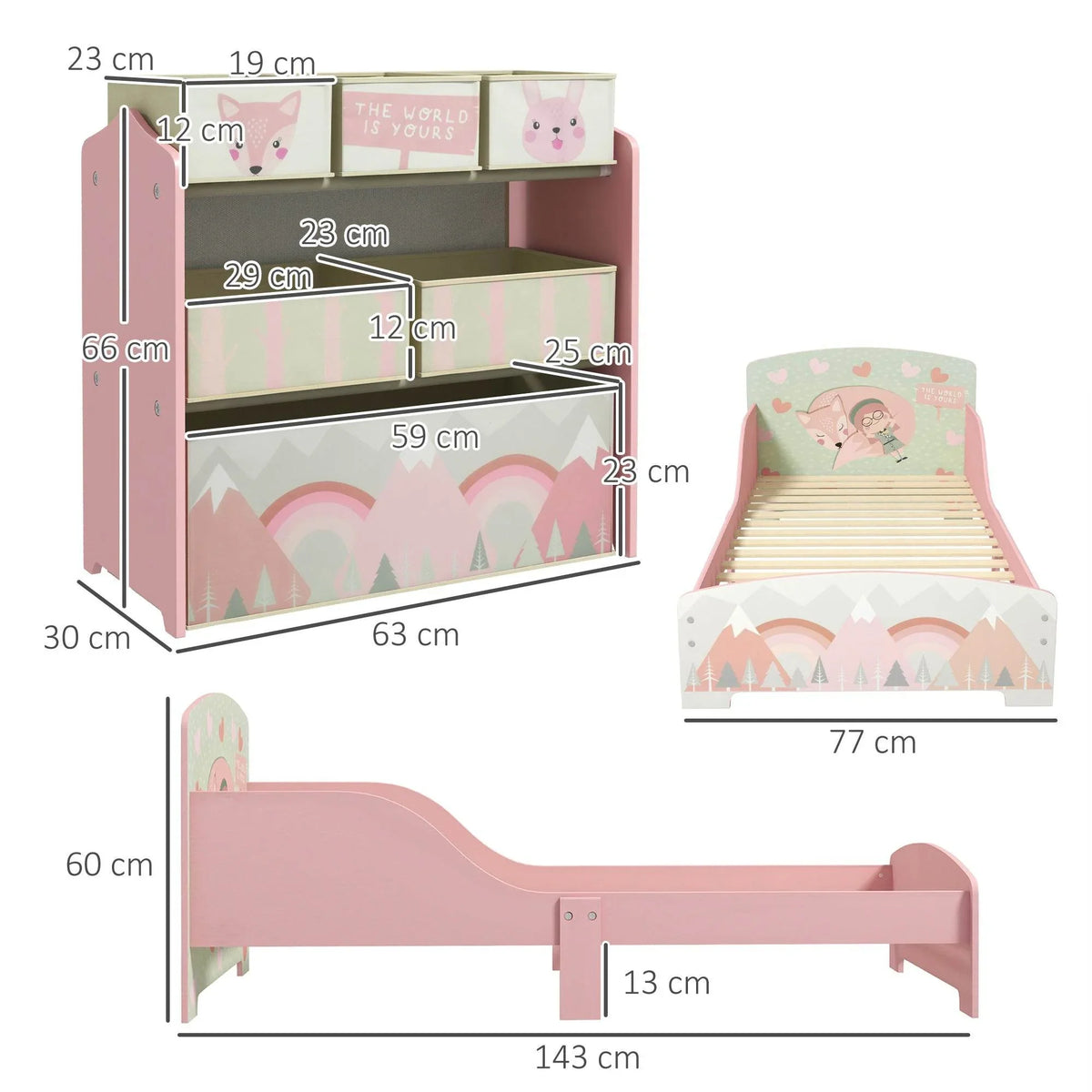 Pink toddler bed and storage cabinet with fabric bins—size diagram